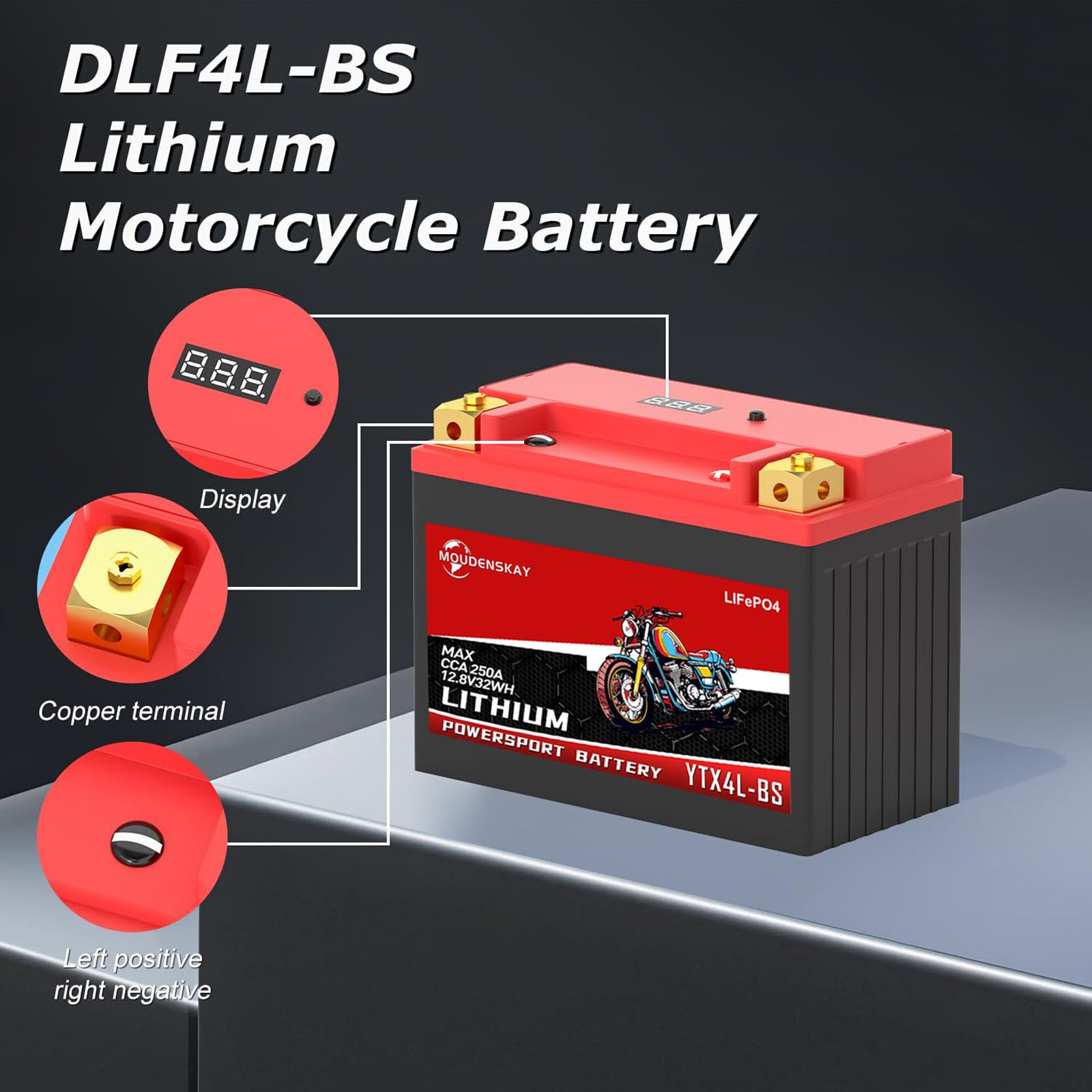 Batteria al Litio per Moto 12V Batteria al Litio Powersports con BMS e indicatore 32WH 2.5Ah 180-250CCA YTX4L-BS LiFePO4 batteria di avviamento per moto,ATV,UTV,veicoli d'acqua, ecc