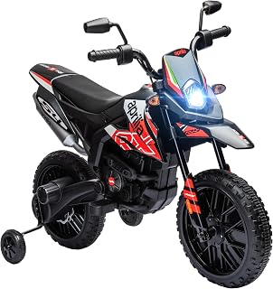 Qaba Aprilia Licensed 12V Kids Electric Dirt Bike Motorcycle with Training Wheels, LED Lights, Music, Shock Suspension - Red for Ages 3-8