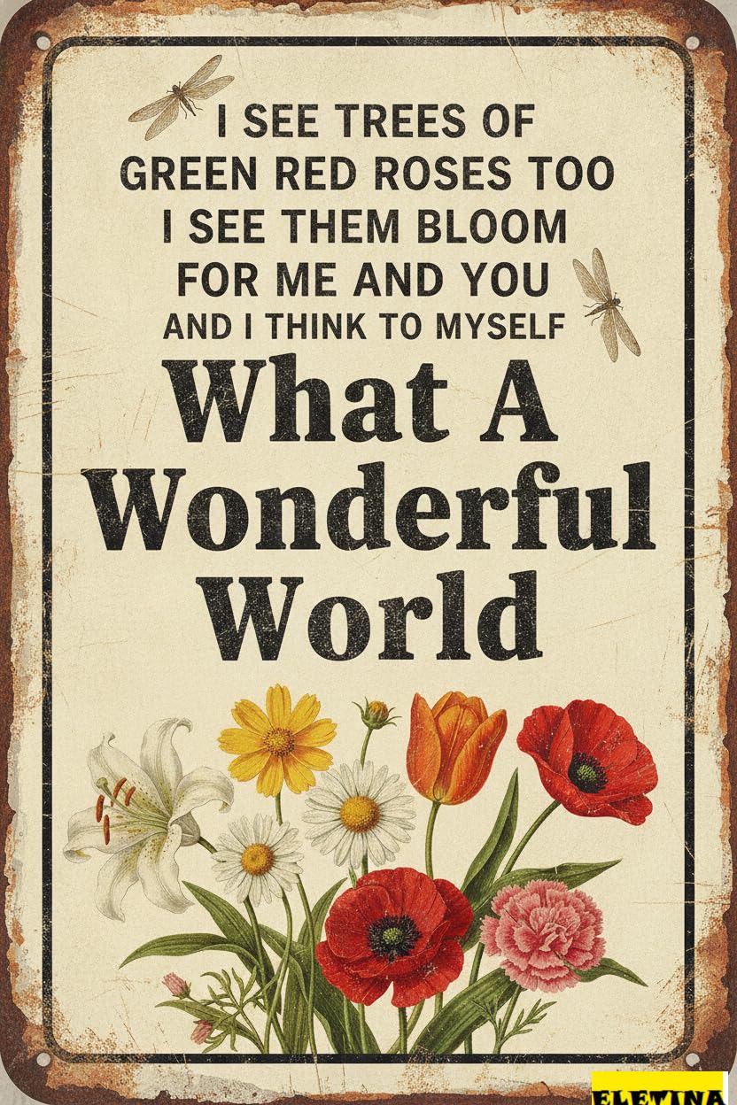 Wonderful World Floral Rustic Farmhouse Vintage Tin Sign Gardening Gift Women Home Patio Yard 8x12in