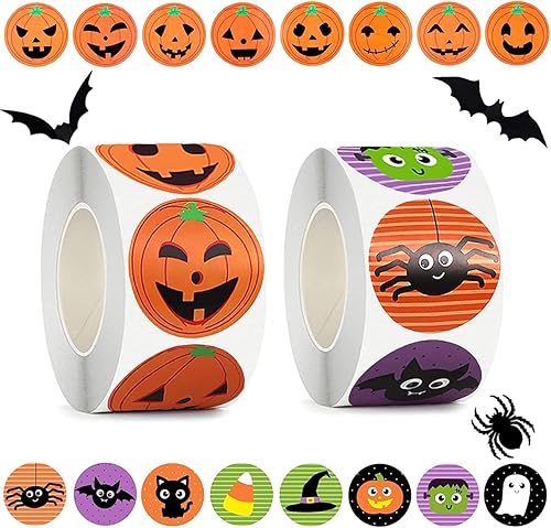 Calcomanías de Halloween para niños, 1000 unidades, rollo de calcomanías de Halloween, calabaza, murciélago, araña, 16 colores y diseños vibrantes,