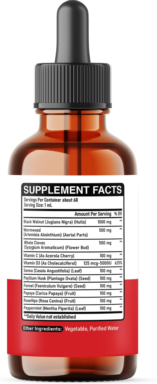 11in1 Black Walnut Wormwood Cloves Liquid Drops with Cloves Buds, Senna Leaf, Psyllium Husk, Fennel Seed, Papaya Leaf and More - 2 oz Fl - 60 Days - Strawberry Flavor - Image 8