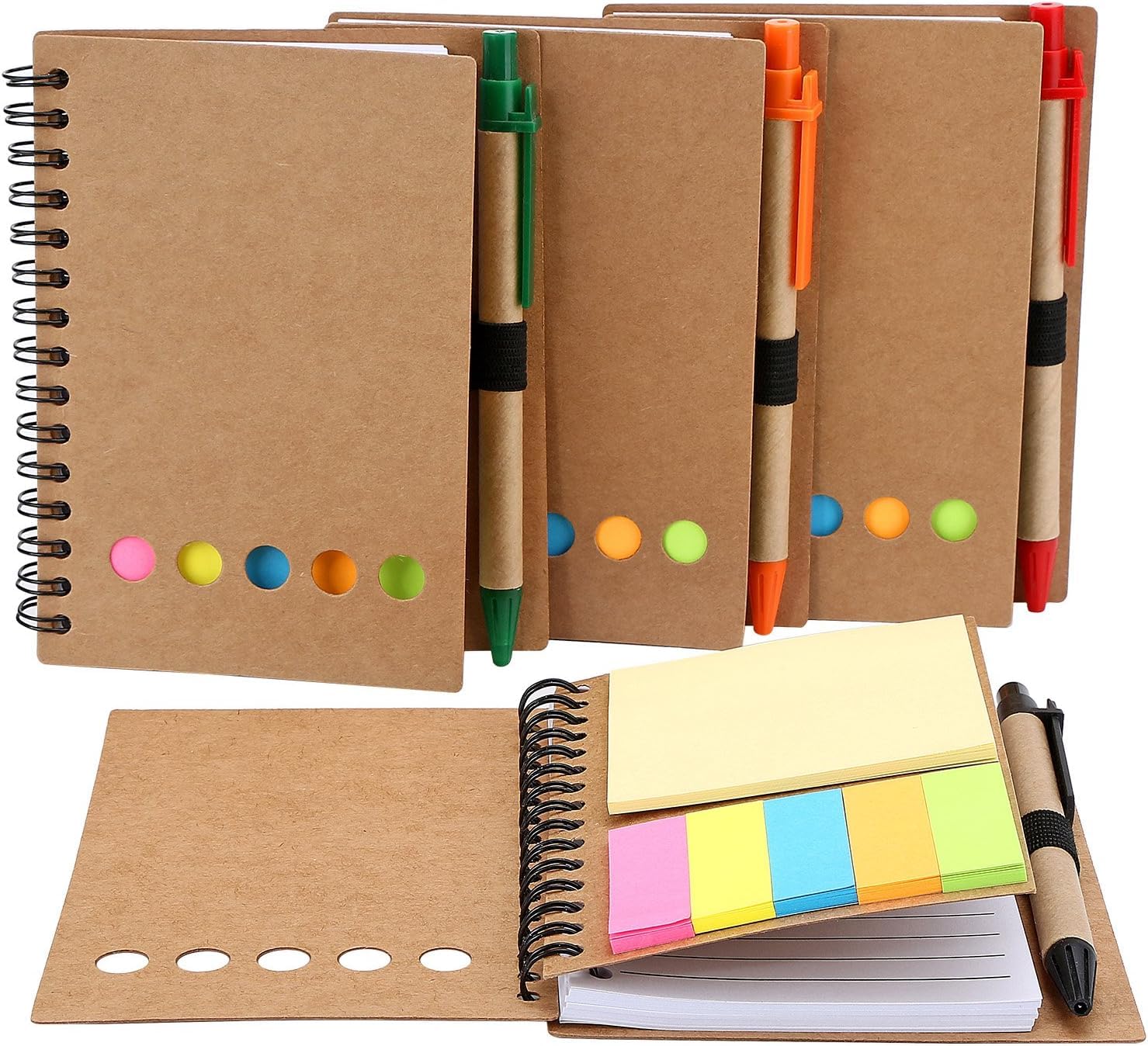 worison Ruled Spiral Notebook With Stickynotes Kraft Paper Cover Notepad With Pen In Holder Pack Of 4 Pc, 200 Pages