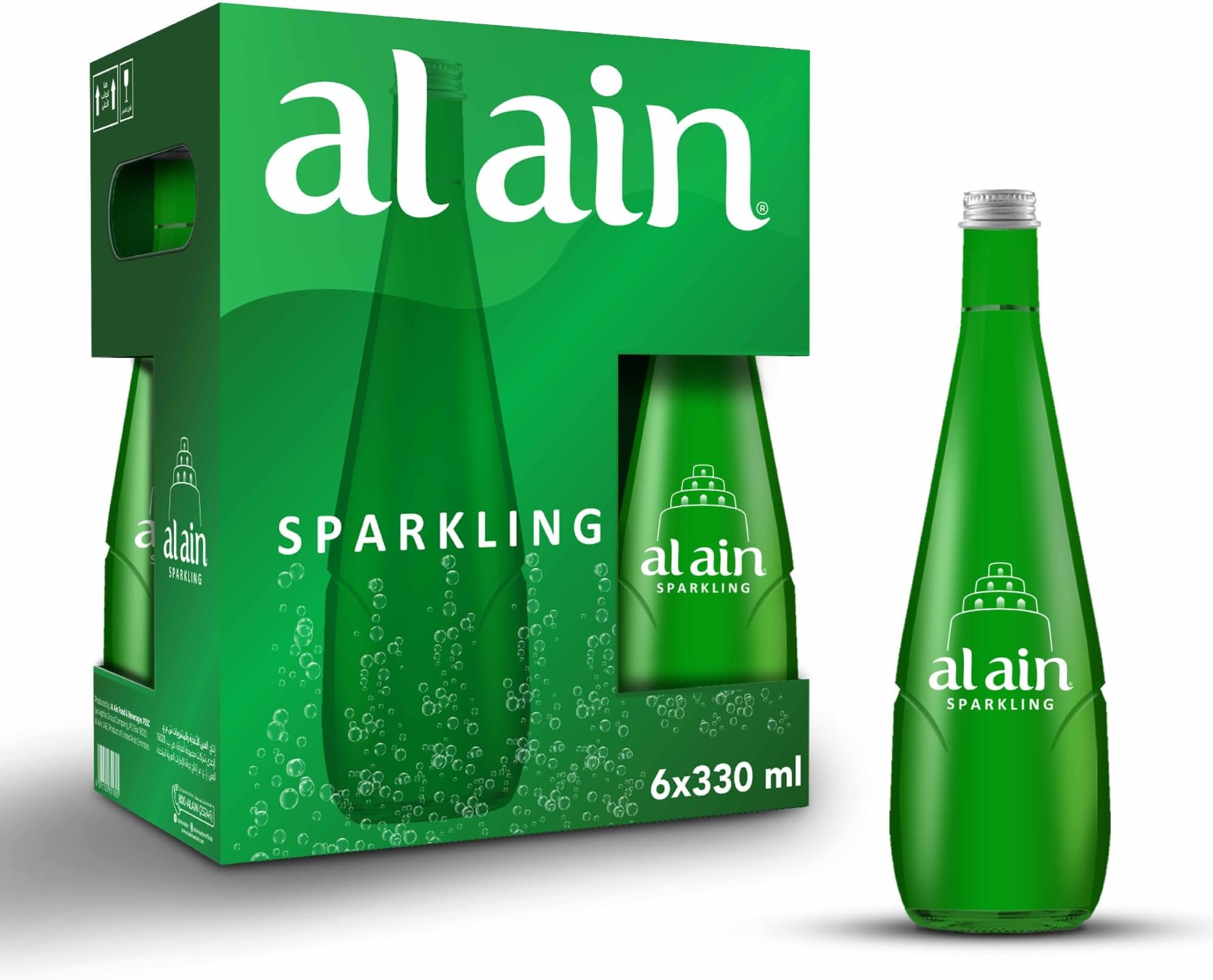 Al Ain Sparkling Water 330ml, Pack of 6, Sparkling Water in a Contemporary and Elegant Glass, Al Ain Water Reusable Bottles