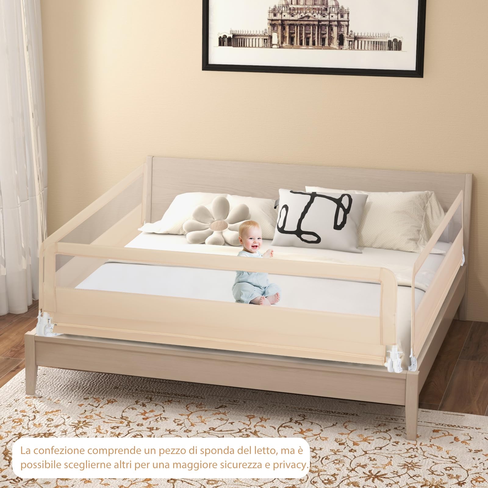 RELAX4LIFE Sponda Letto per Bambini 180cm/150cm, Barriera di Sicurezza, Traspirante e Pieghevole, Sbarra Letto per Letti Singoli e Matrimoniali (180 x 41 x 55 cm,Beige)