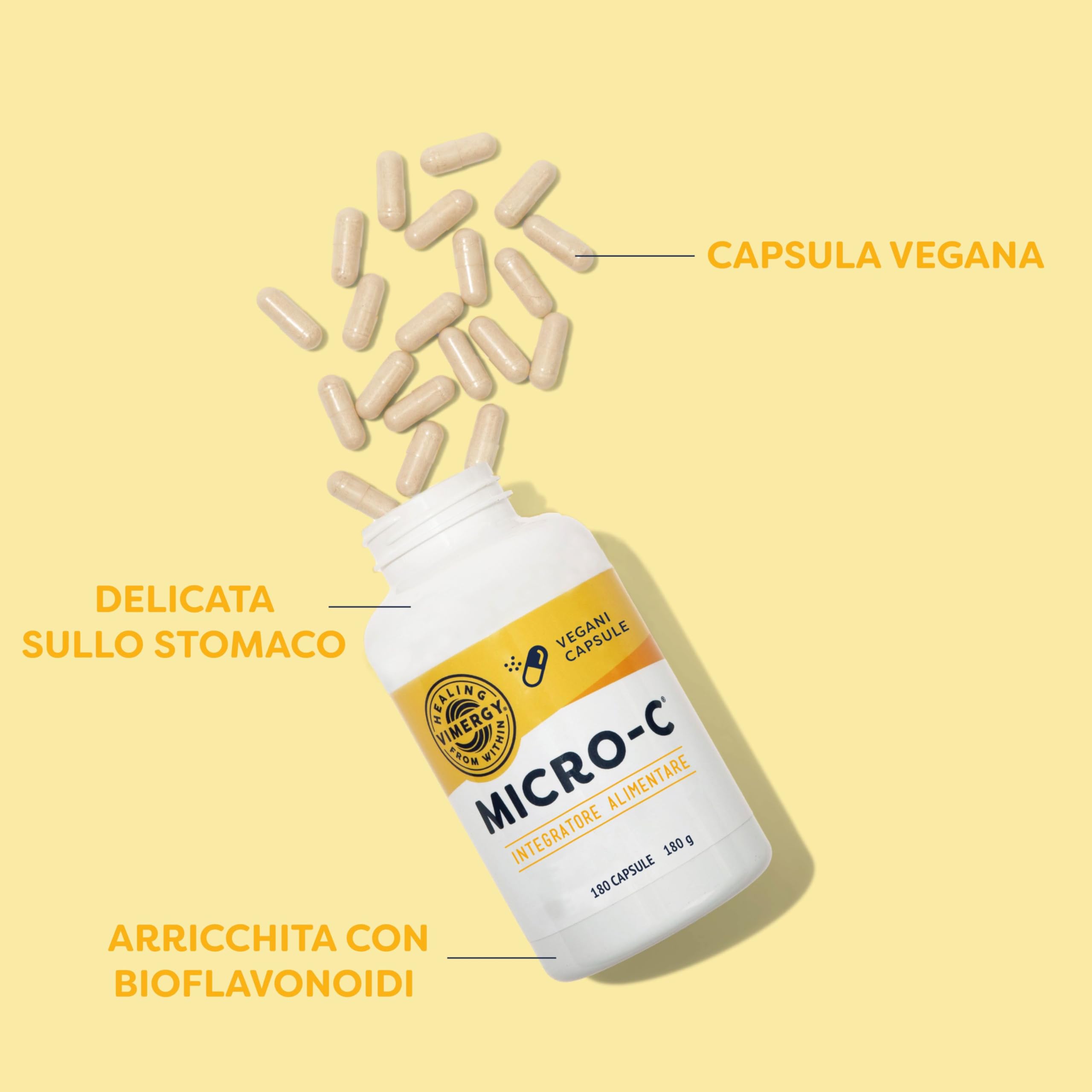 Vimergy Micro-C Capsule di Vitamina C - 180 Dosi – Vitamina C 500 mg, Meno Acida – Rosa Canina – Per Sistema Immunitario e Muscoloscheletrico – Senza Glutine – Kosher – Vegan