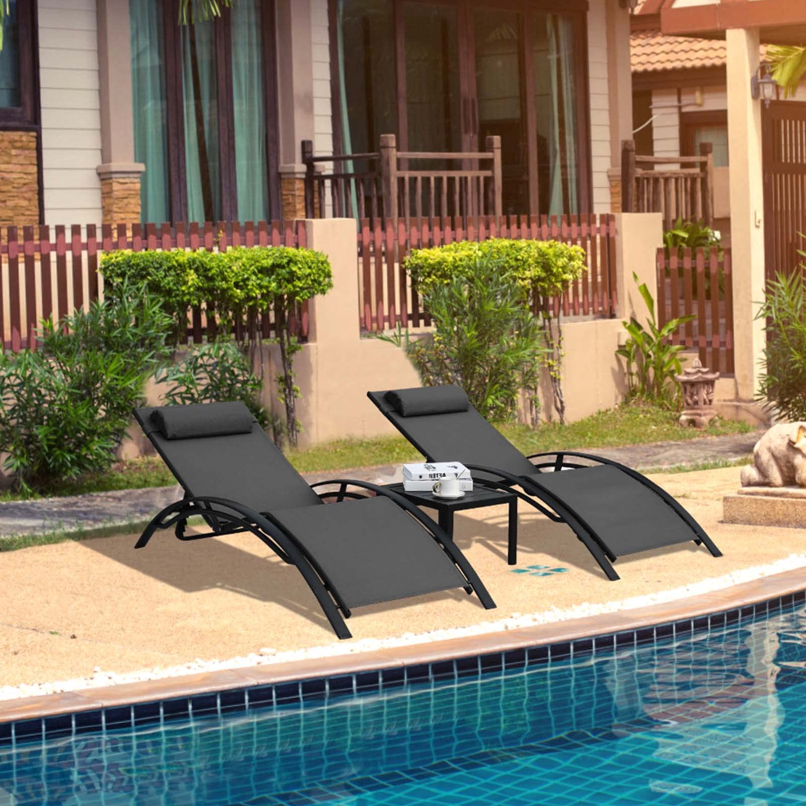 LIFERUN XXL Aluminium Sonnenliege 2er Set, stapelbare liegestuhl Garten mit Beistelltisch und Kopfkissen, Wetterfest, 5-Fach Verstellbare Rückenlehne, Geeignet für Gärten, Schwimmbäder, Strand, 2 PCS