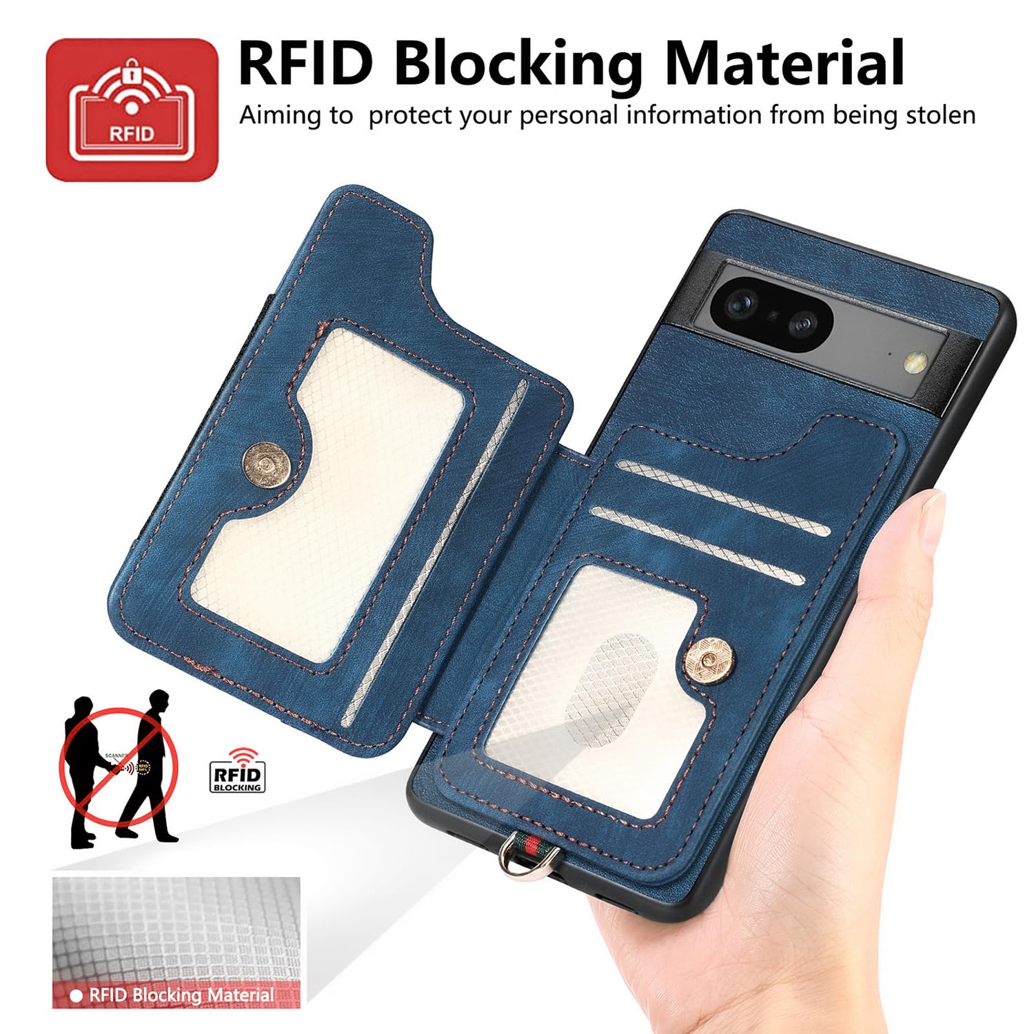 Niuuro for Google Pixel 8 Wallet Case with Card Holder, Ring Kickstand, Wrist Strap, RFID Blocking Leather for Girls Women, Durable Purse Shockproof Protective Cover, Blue