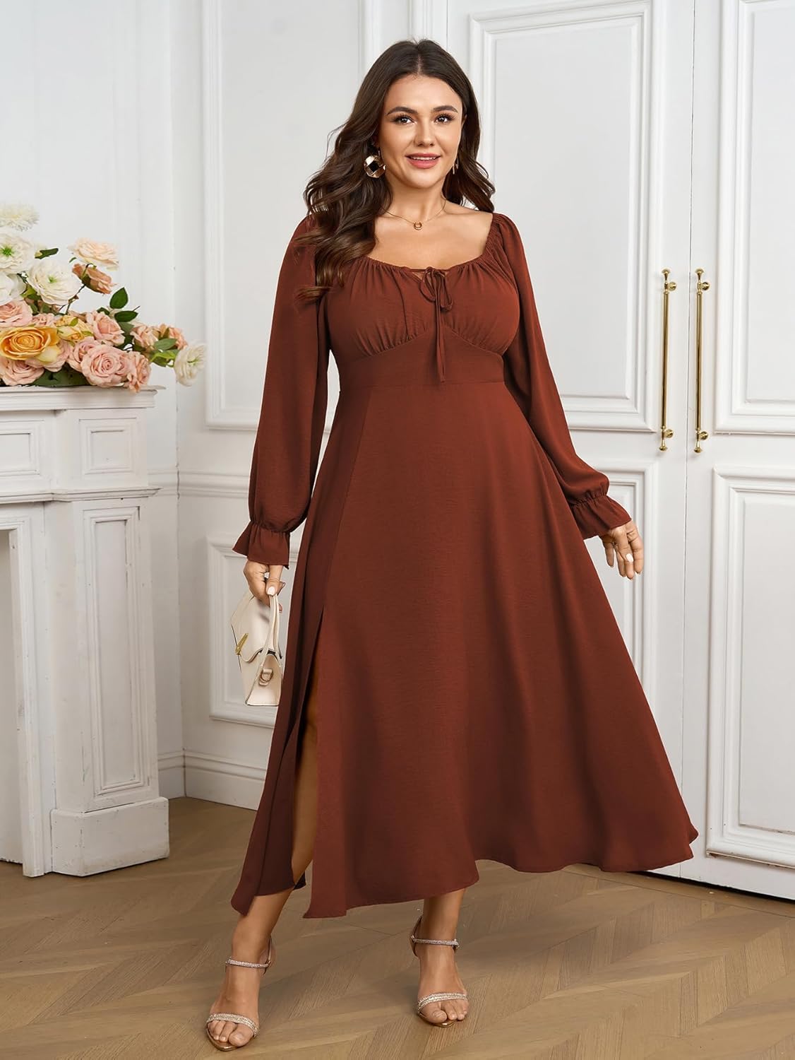 Women's Plus Size Milkmaid Dress Long Sleeve Square Neck Dress A-Line Flowy Maxi Wedding Guest Cocktail Formal Dresses - Image 7