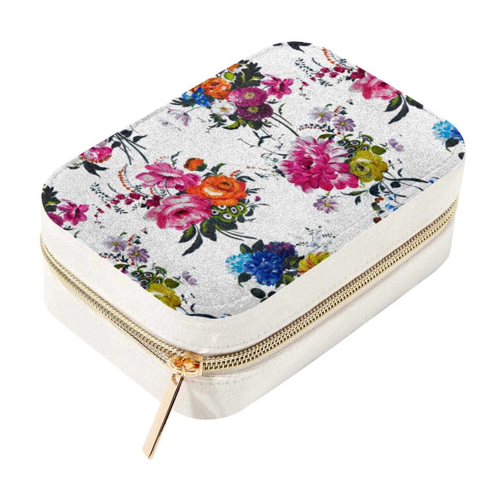 Caja organizadora de joyas de flores con cremallera de metal compacta de 2.2x6.1x4.1"