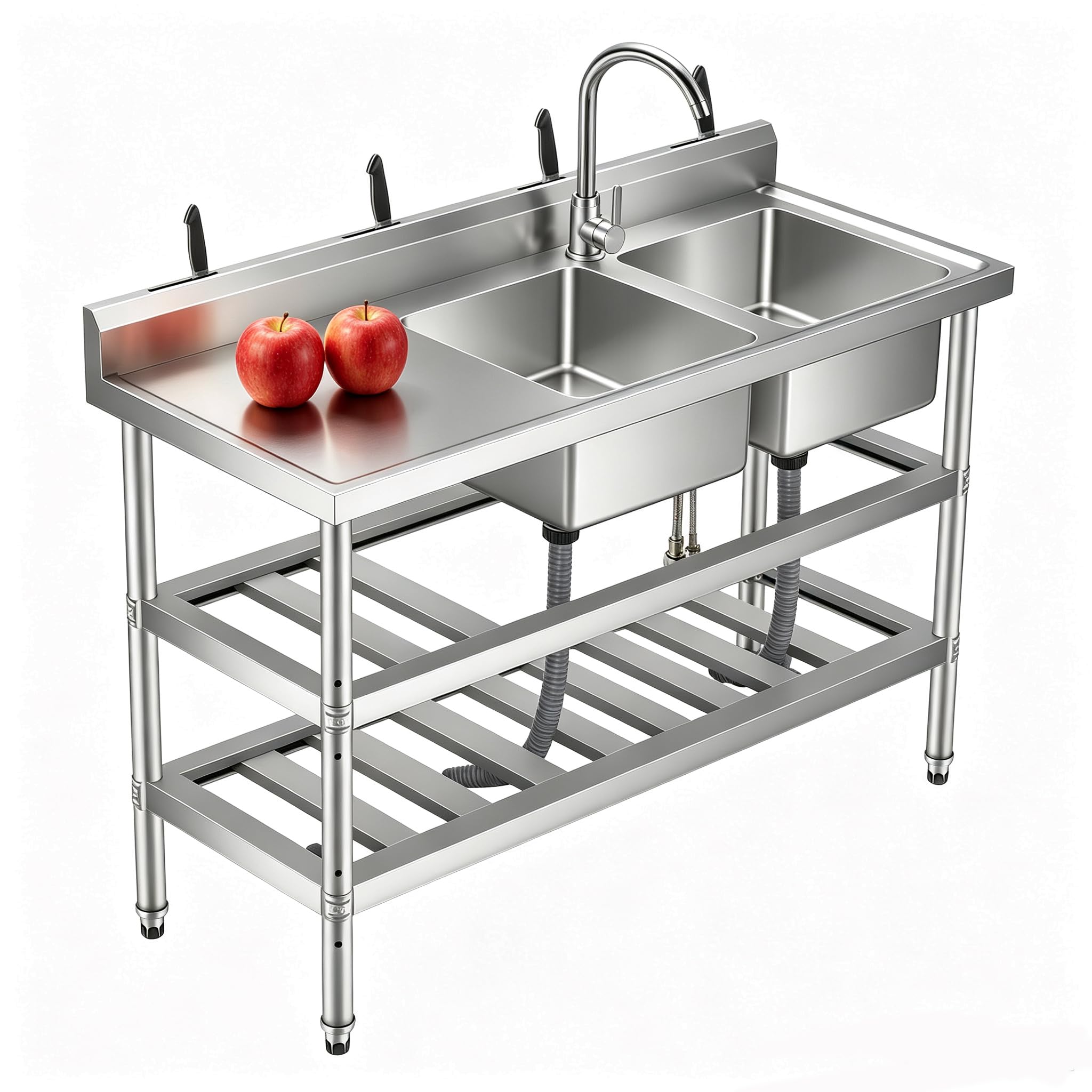 Freistehende Edelstahl Küchenspüle Gastro 2 Becken mit Abtropffläche, 120x45x89,5cm Gewerbliche Spültisch Spüle mit Wasserhahn & Rückwand, Spülbecken für Küche, Restaurant,Cafe,Werkstatt, Außenbereich