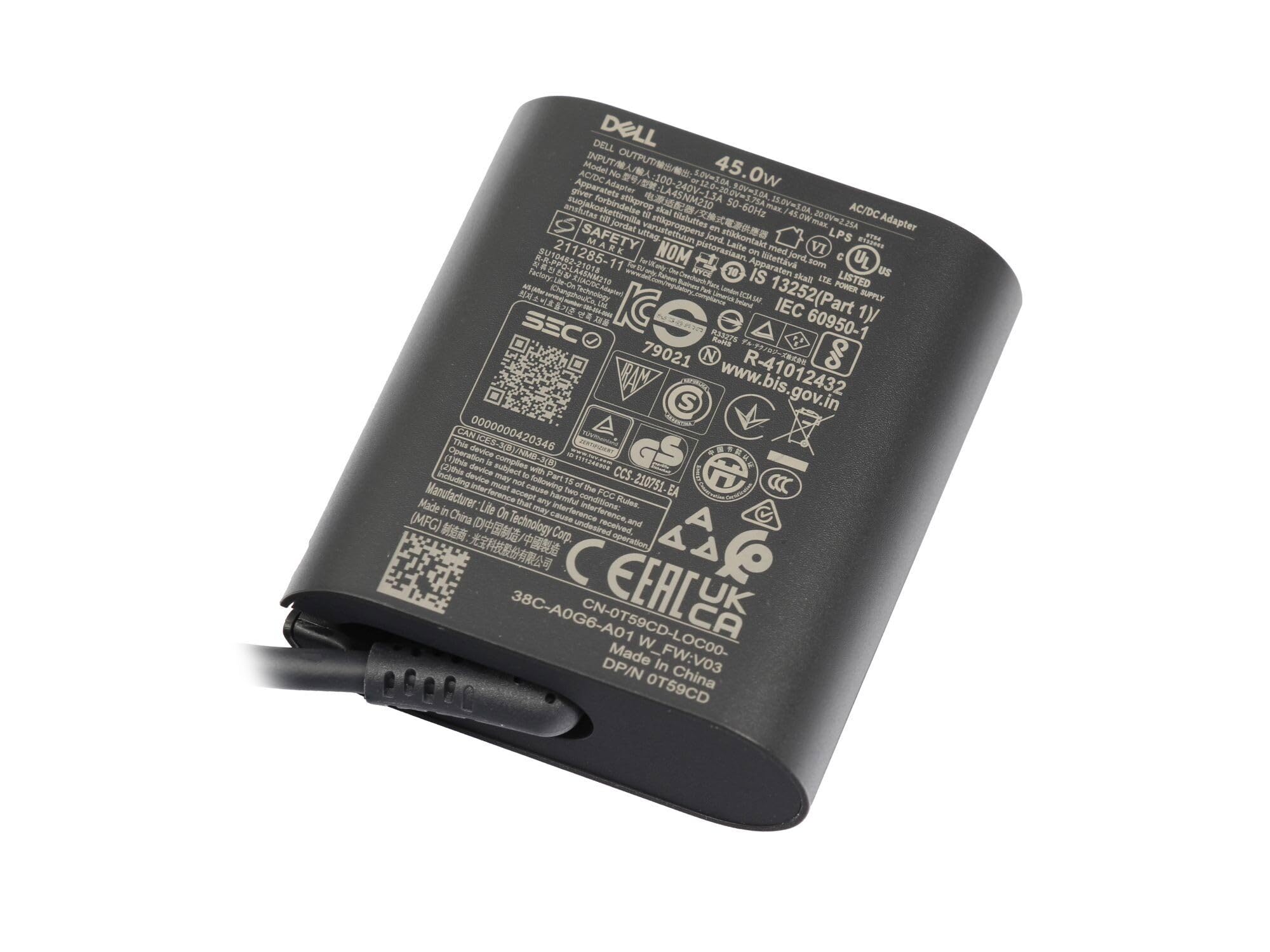Dell KR7FK originale USB-C GaN-alimentatore 45 watt forma piccolo Small Slim per Venue 8 Pro, 10 Pro, Inspiron 17 (7778), Latitude 11 (5175), 13 (7370), 12 (5289), XPS 13 (9365)