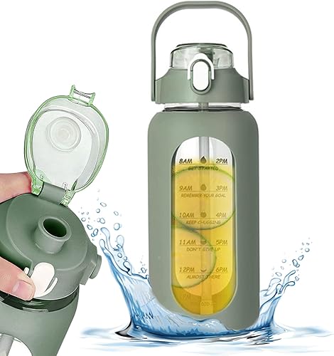 Miniatura 5 de Botellas de agua de 64 onzas con pajilla, botellas de agua de vidrio con marcador de tiempo y funda de silicona, botella de bebida deportiva