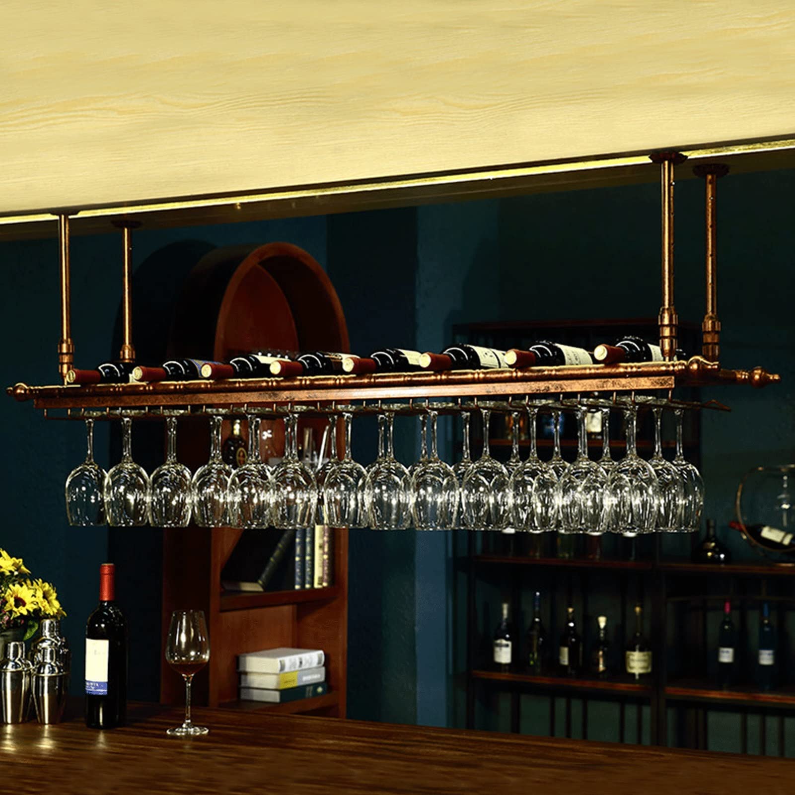 Support de verre à vin suspendu en métal et porte-bouteille de plafond vintage pour bar et cuisine