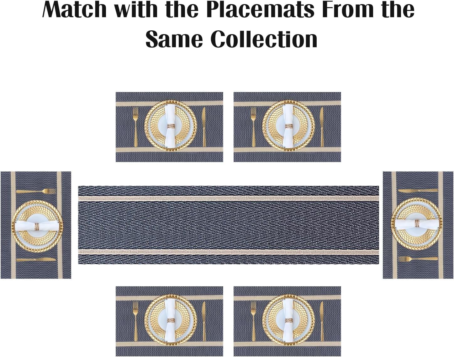 FAVE Woven Vinyl Table Runner Navy Blue Table Runner Woven with Golden Threads 120x12 Inches Wipeable Waterproof Dining Table Mats(Blue, 12" x120)