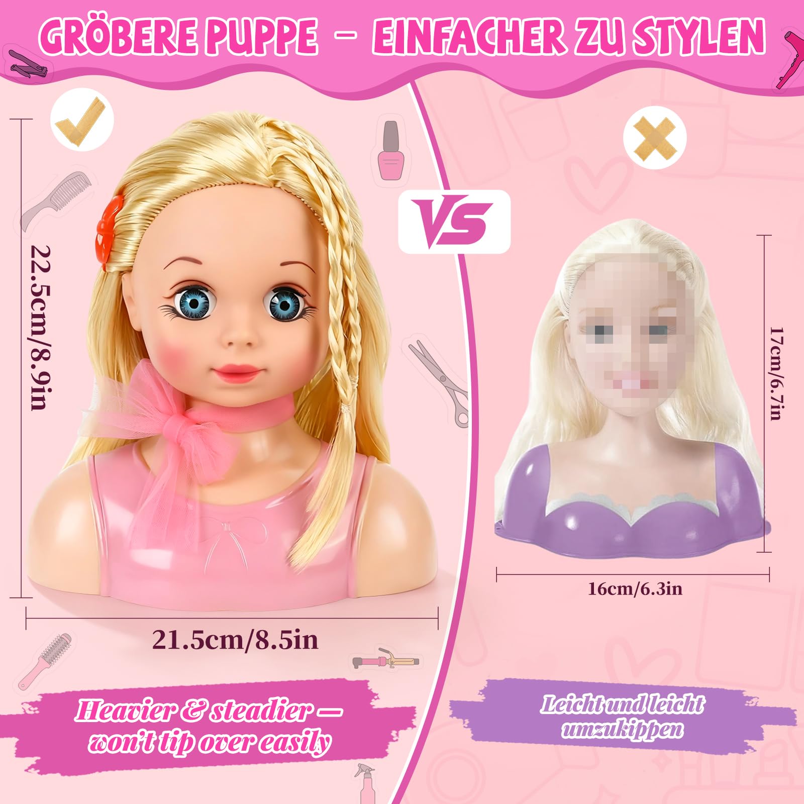 Frisierkopf Kinder Set, Frisierkopfpuppe Spielzeug Set für Kinder mit Haarzubehör, Frisierkopf für Mädchen Waschbar Set Geschenk Weihnachten für Mädchen 3-10 Jahren