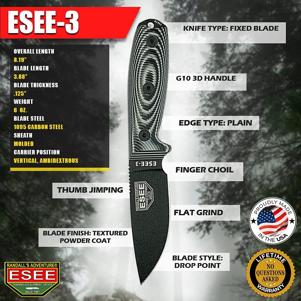 ESEE-3 Fixed Blade Knife with Sheath, 1095 Carbon Steel, Outdoor Knife with 3D Contoured Handle, Made in USA, (Black Blade, Gray/Black G-10 3D Handle)