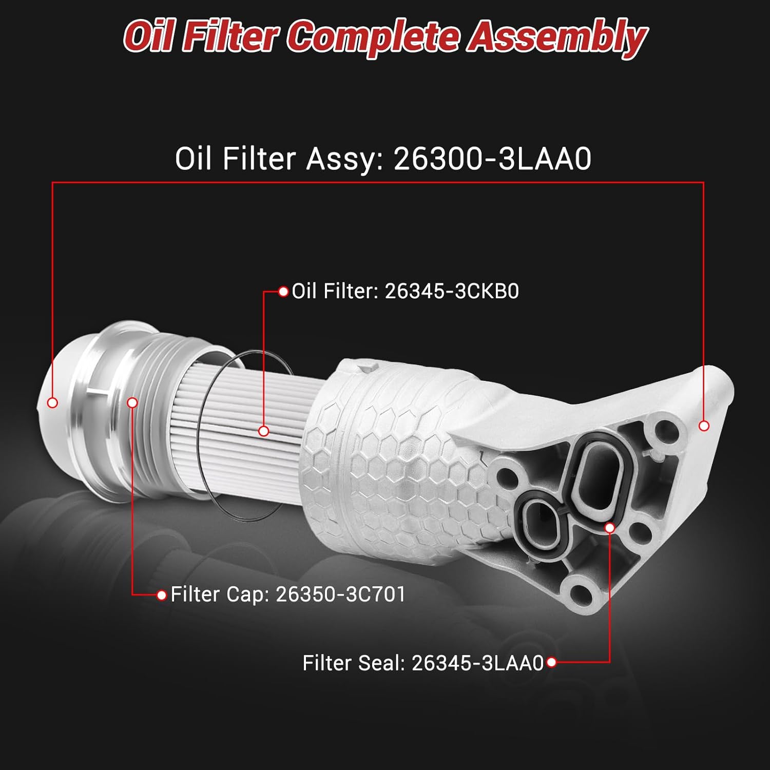 Aluminum Complete Oil Filter Housing Assembly Kit for 2016-2024 Hyundai Genesis G80 Palisade 2019-2024 Kia Sorento Cadenza Telluride Sedona 3.3L/3.8L V6 Engine, Replaces 26300-3LAA0
