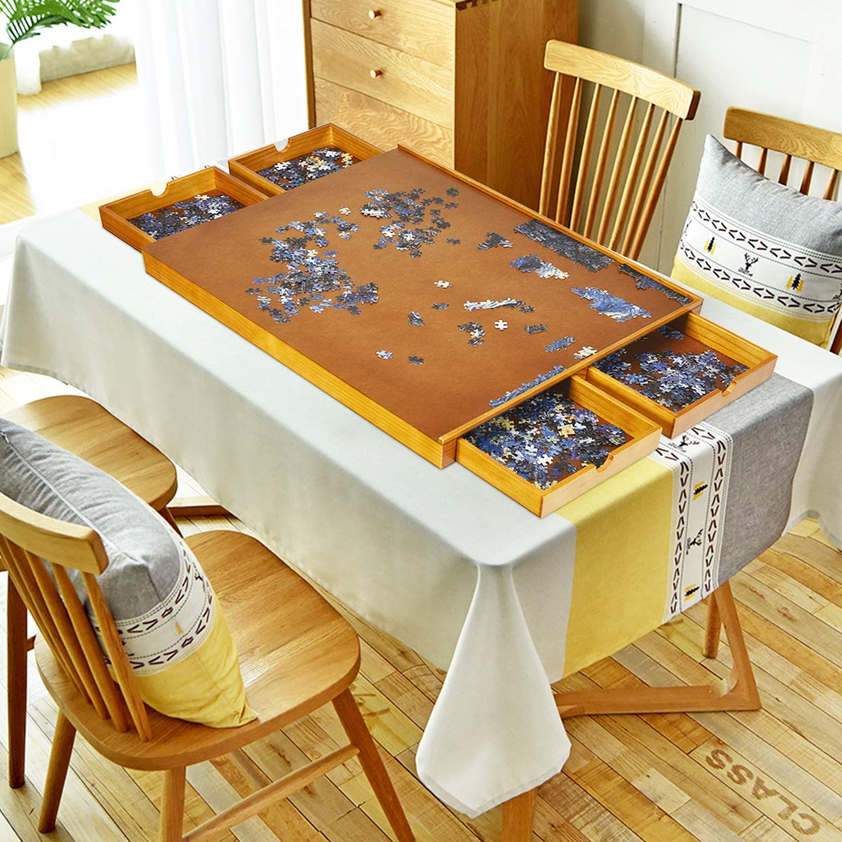 RELAX4LIFE Tavolo per Puzzle in Legno con 4 Cassetti, Porta Puzzle Leggero e Portabile con Maniglie scanalate, Bambini e Adulti, 65 x 80 x 6,55 cm