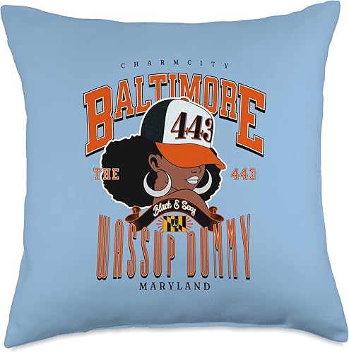 Around the Way Girls Baltimore Area Code 443 443 Area Code Baltimore Maryland Flag Blaq Girl Bmore Pride Throw Pillow, 18x18, Multicolor