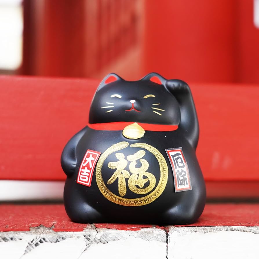 neko28neko28 MANEKI NEKO CHECKERED PATTERN BLACK (L), Beckoning Lucky Cat