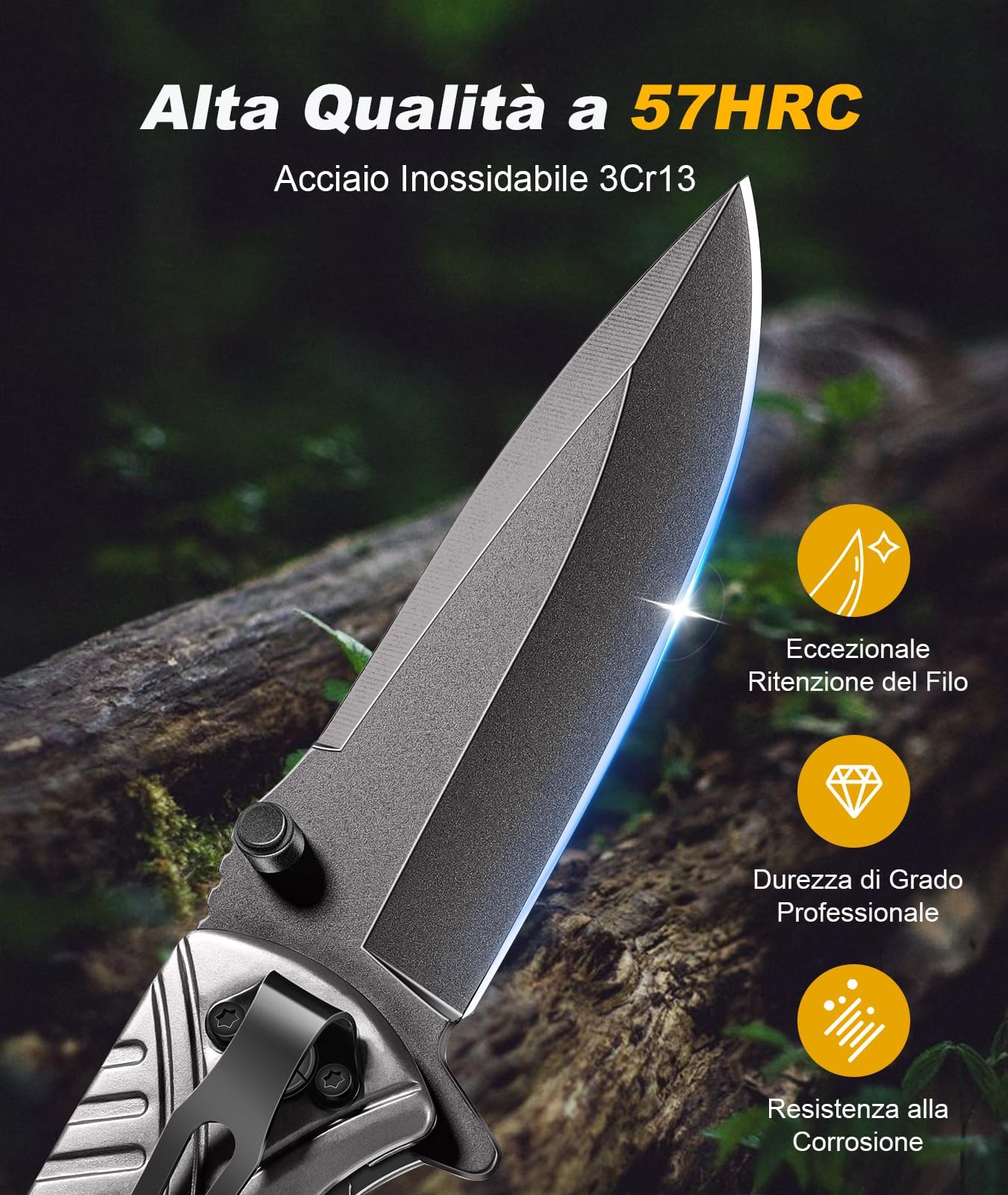 ISEYOU Coltello da Caccia, Lama in Acciaio Inossidabile 3Cr13 con Rivestimento in Titanio, Portatile Clip per Tasca, Multifunzione - Regalo Perfetto