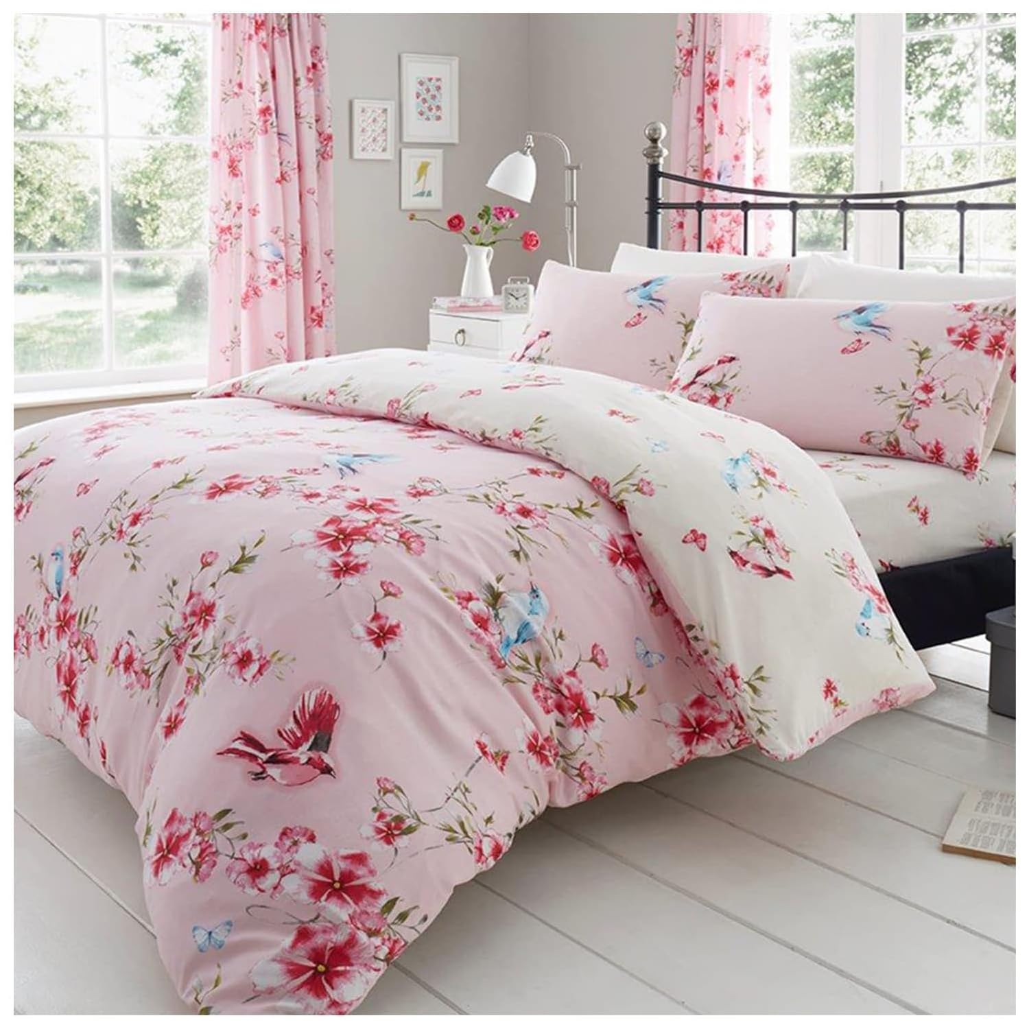 GC GAVENO CAVAILIA Luxury Breathable Soft & Cost Birdie Blossom Floral Bedding Set, Reversible Flowers Single Bed Duvet Cover Set, Easycare Birds Quilt Cover with Matching Pillowcase, Pink — image 1
