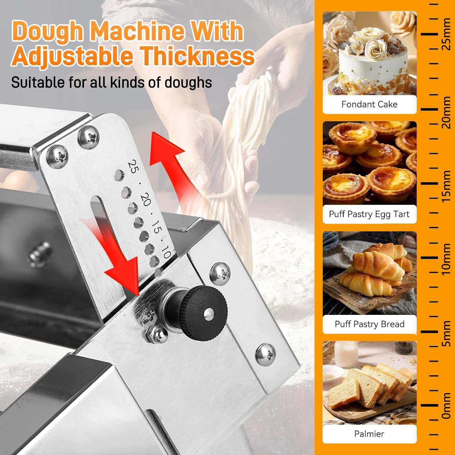 Sfogliatrice Manuale Pieghevole per Panetteria, Pizza e Croissant, Sfogliatrice per Pasticceria in Acciaio Inox, Spessore Regolabile da 0,2 a 25 mm, Uso Commerciale e Domestico B400