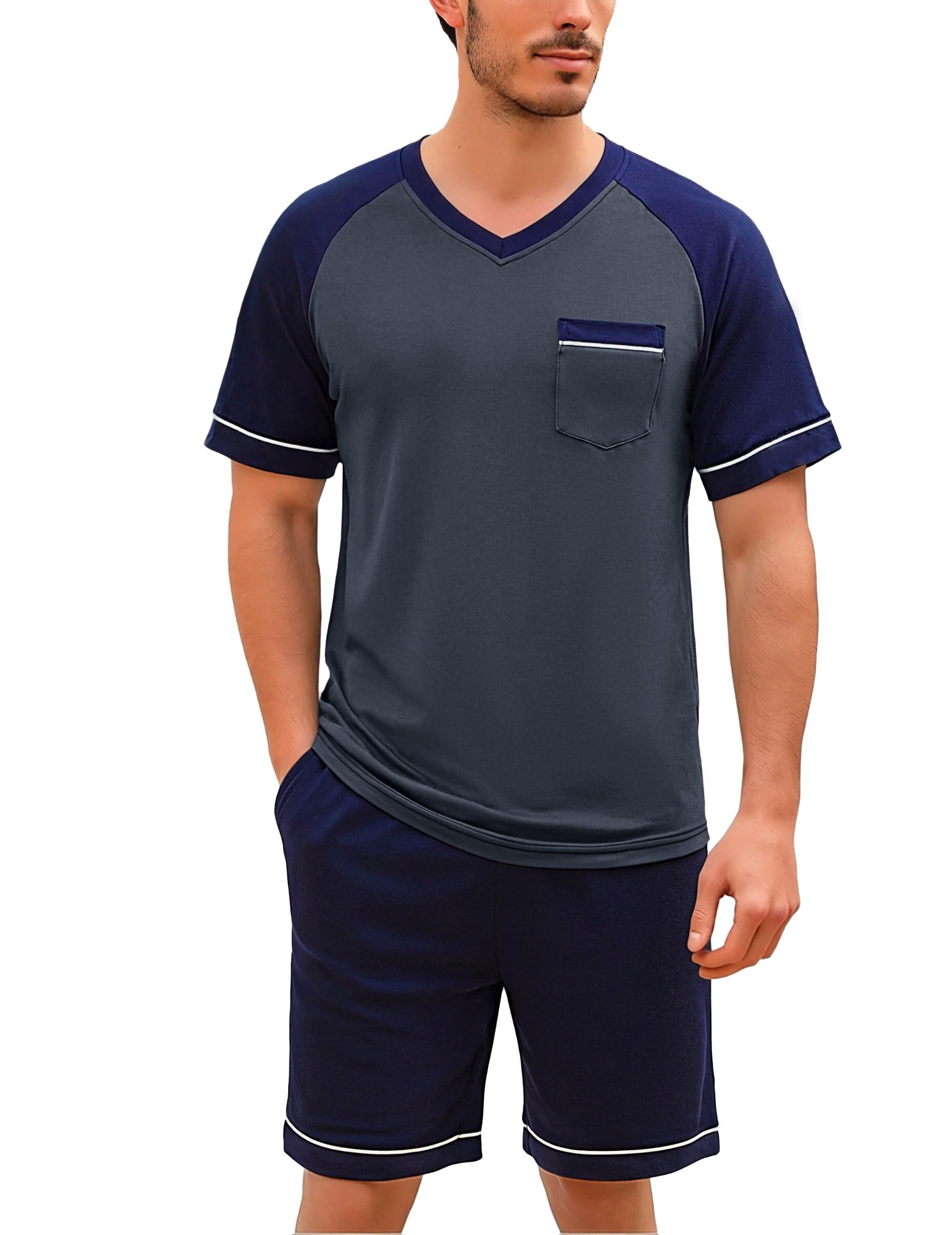 Irdcomps Schlafanzug Herren Pyjama Kurz Shorty Sommer Baumwolle Nachtwäsche Set Kurzarm Männer Schlafanzüge