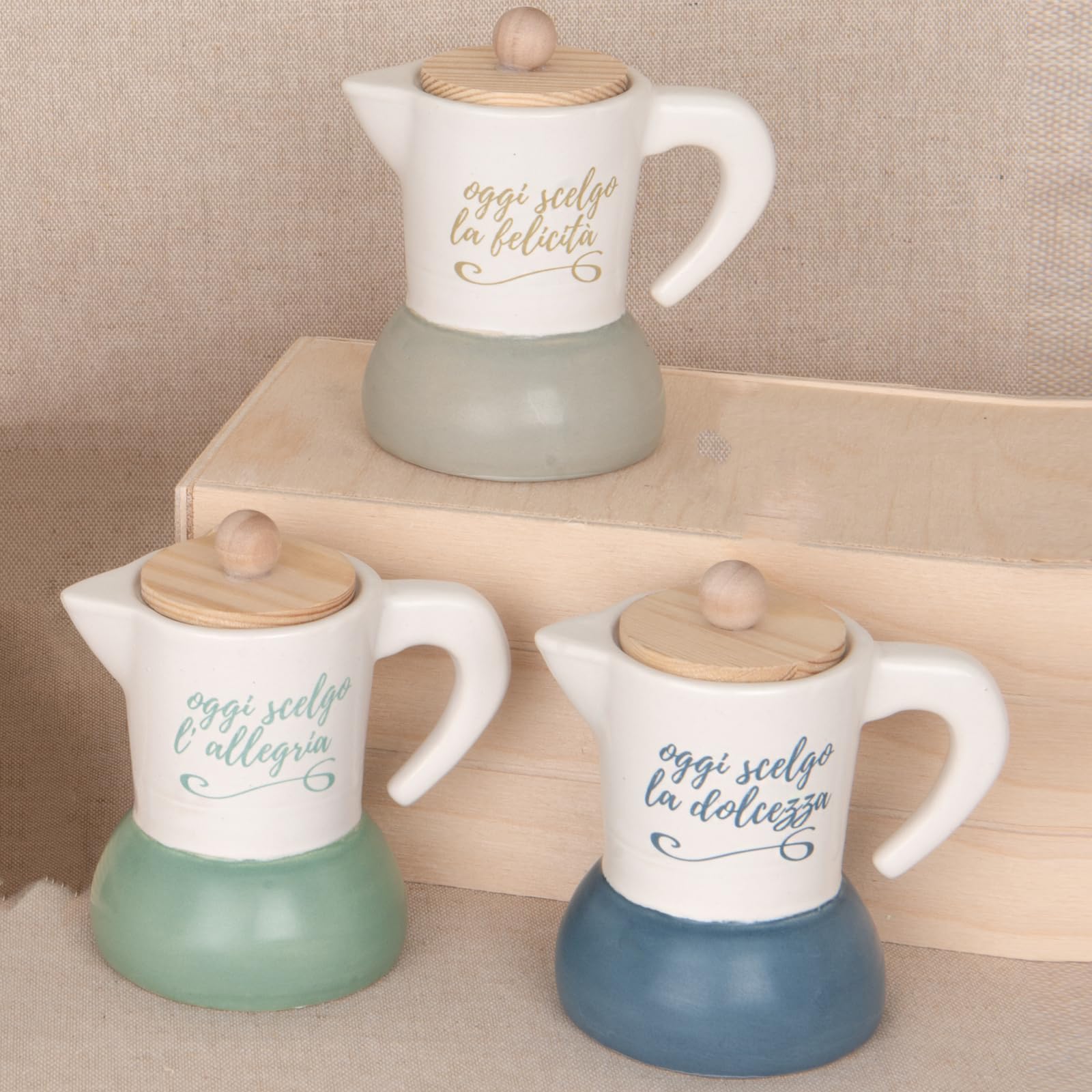 Doni Bomboniere Matrimonio 6PZ Zuccheriera A Forma di Moka Anniversario Comunione Cresima con Coperchio in Legno E Frasi Oggi Scelgo La Felicità L'Allegria Dolcezza Idee Regalo Complete Originali