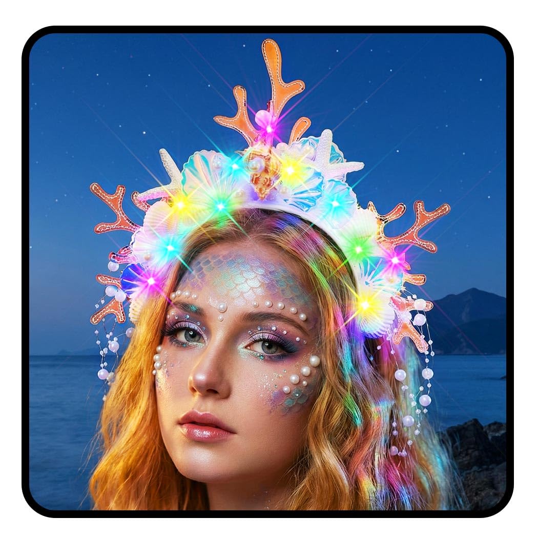 JEAIRTS Light Up Mermaid Headband Glow Shell Hair Band Led Pearl Starfish Costume Hair Accessories for Women