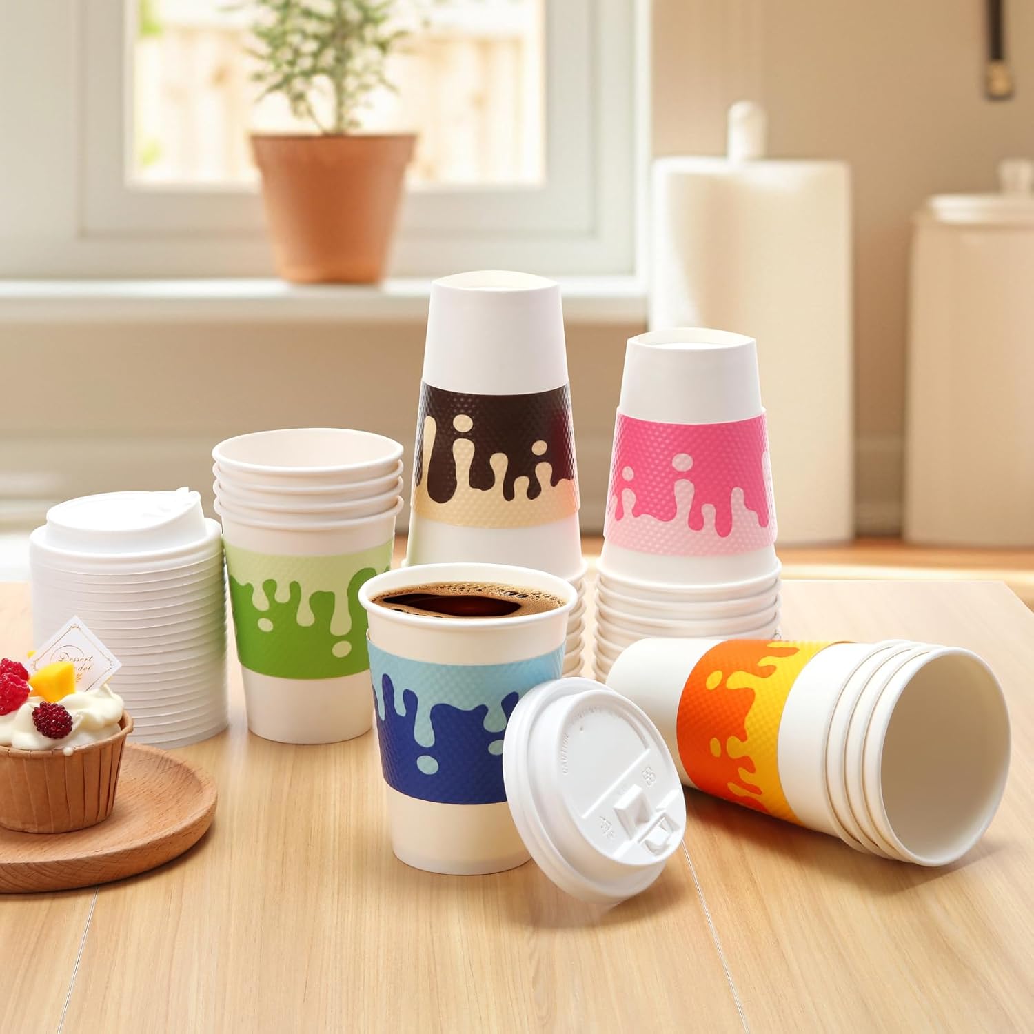 Tamone 100 PACK 12OZ Disposable Coffee Cups with Lids and Sleeves, 12OZ Paper Cups 5 Color To Go Coffee Cups with Lids Leak Proof, White Paper Cups for Cold/Hot Beverage Chocolate Cocoa for Home - Image 7
