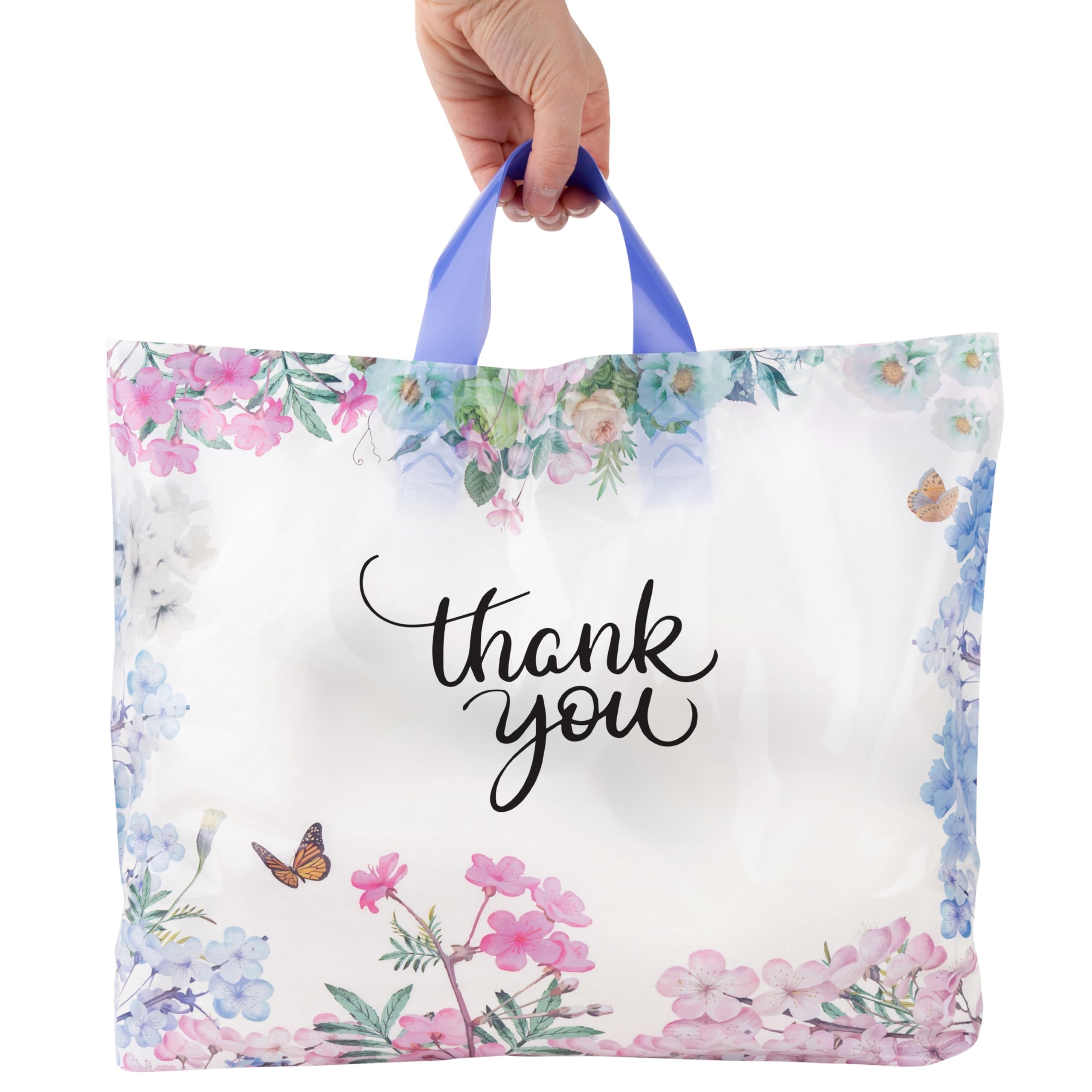 Purple Q Crafts Floral Thank You Plastic Bags 100 Pack 12" x 15" With Soft Loop Handle Thank You Shopping Bags