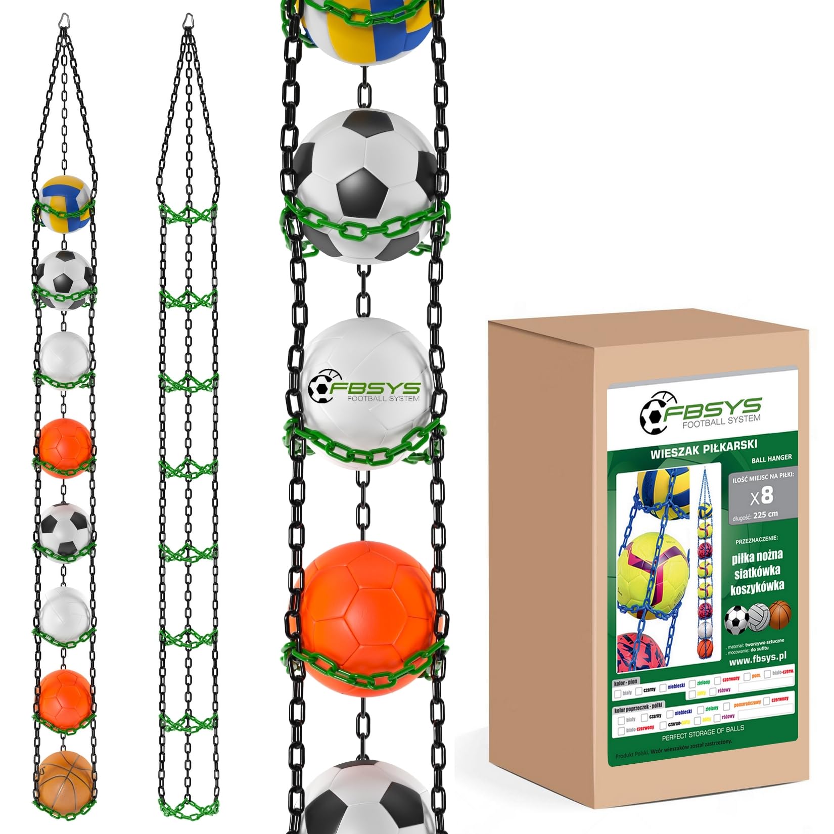 Ballhalter - Haken für 8 Bälle (Basketball, Fussball, Volleyball) - Organizer Ballnetz - Schwarz & Grün