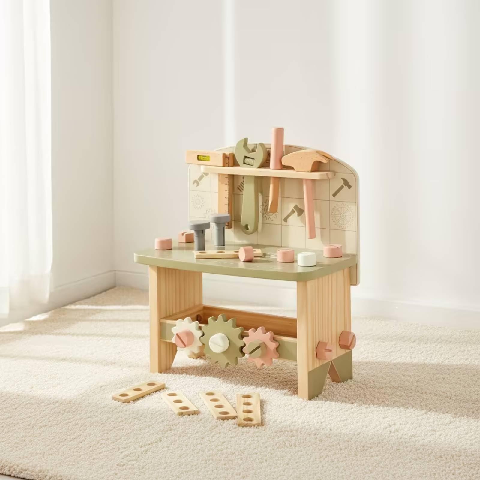 Banco da Lavoro in Legno con Attrezzi Compatto Set di Attrezzi da Costruzione Sicuro Giocattolo per Bambine, Cameretta