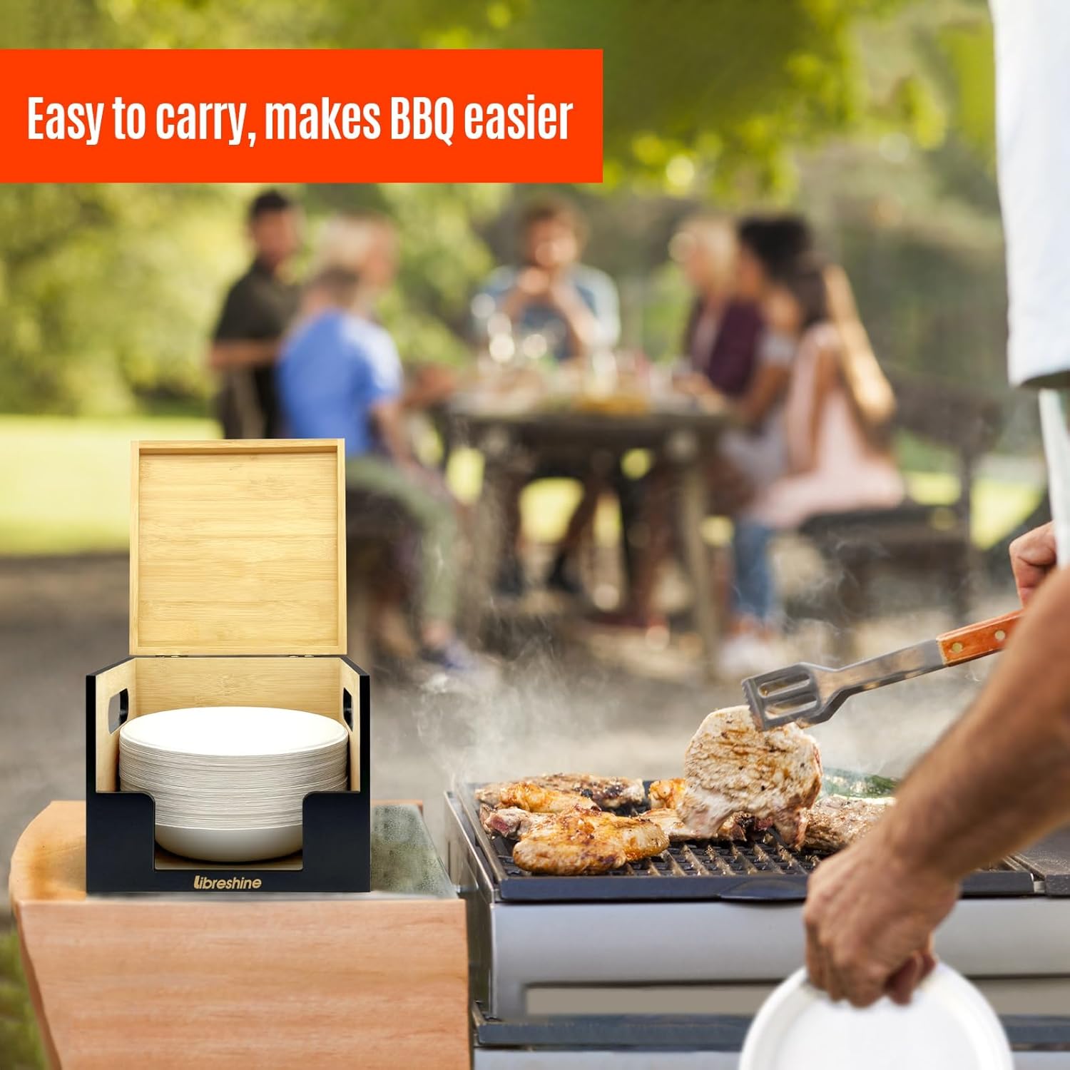 Paper Bowl Holder Dispenser Black – Bamboo Organizer for 90+ 8-32 oz Disposable Bowls – Space-Saving Kitchen, Office, RV, Picnic Storage | Stackable Design, Countertop & Cabinet Friendly