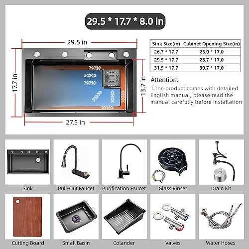 Miniatura 6 de Fregadero de cocina, fregadero de cocina en cascada, fregadero de cocina de acero inoxidable 304 negro de 29.5 pulgadas, fregadero de estación de