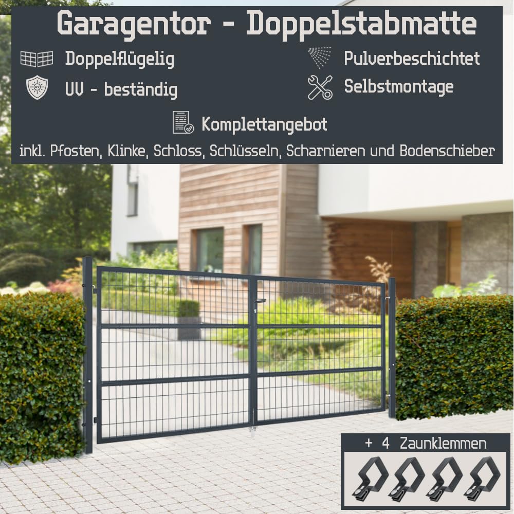 Cancello da Giardino, 300 x 140 cm, Doppia Anta in Metallo, per Asta di Recinzione, con Pali Inclusi, Colore: Grigio