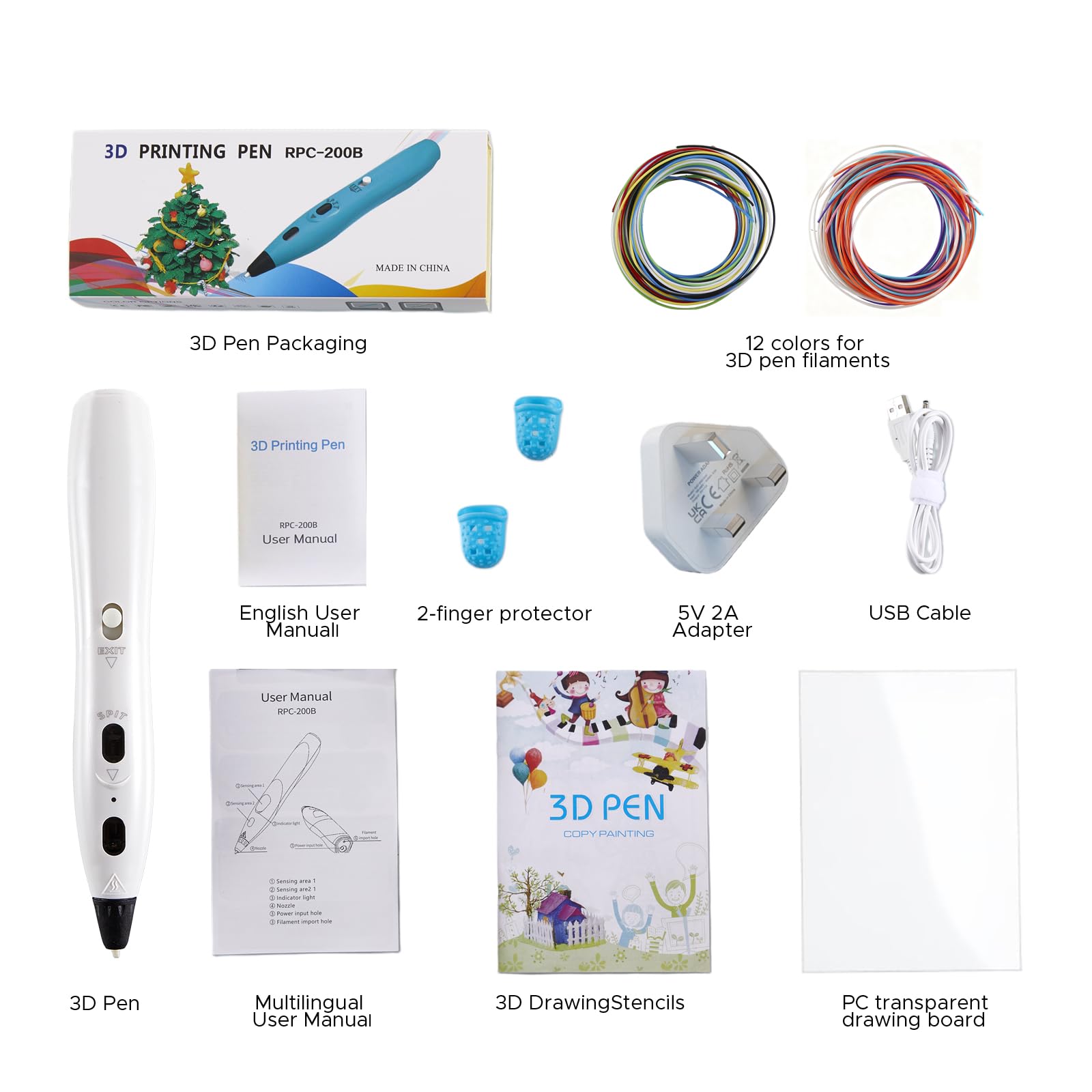 Set di penne 3D RPC200B, include 12 colori di filamento PLA. Questa penna per stampa 3D è compatibile con filamento PLA ed è adatta per artigianato fai da te. (bianco)