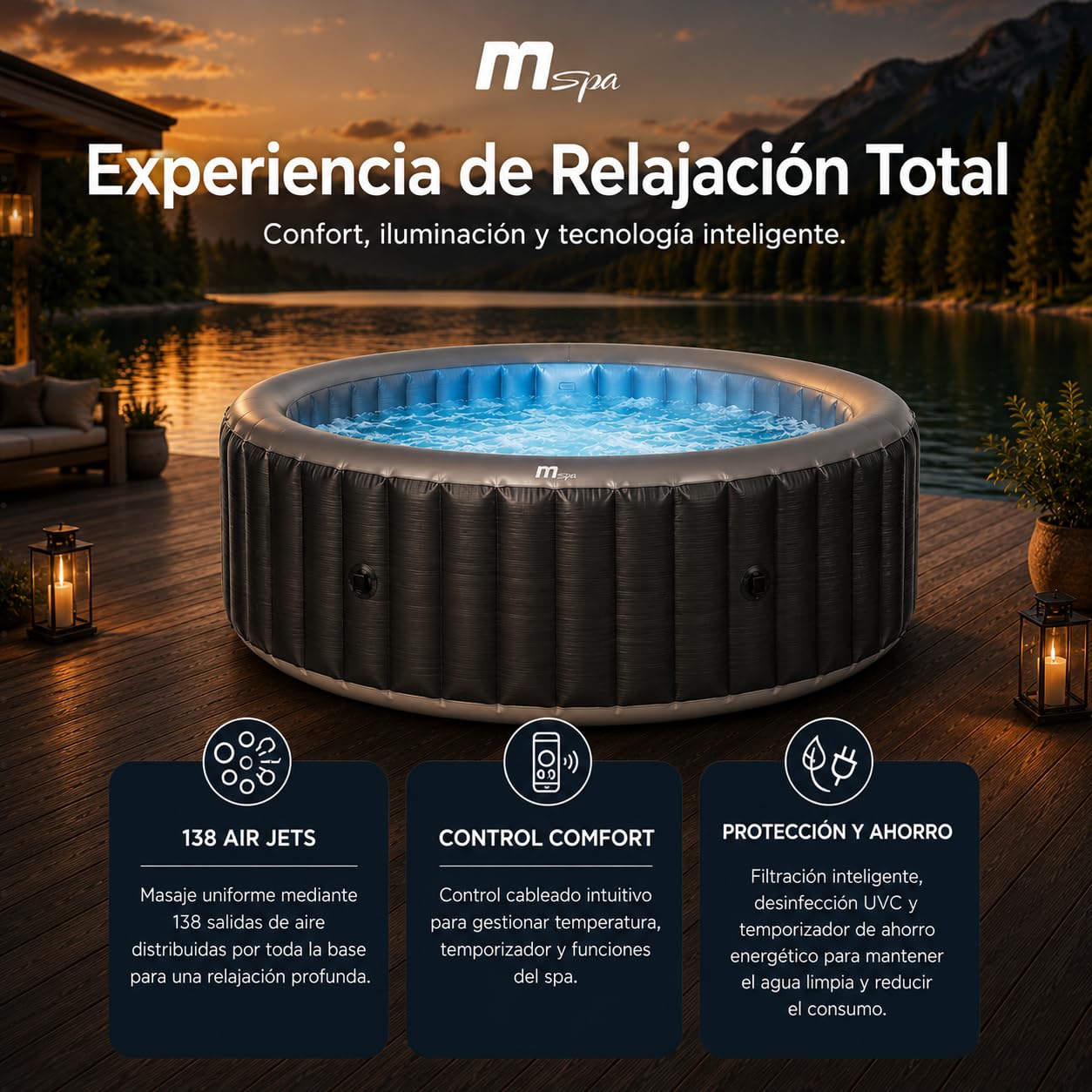 MSpa Starry SPA Hinchable Circular 4-6 Personas con hidromasaje Air Jet, luz LED, calefacción, filtración Inteligente y desinfección UVC