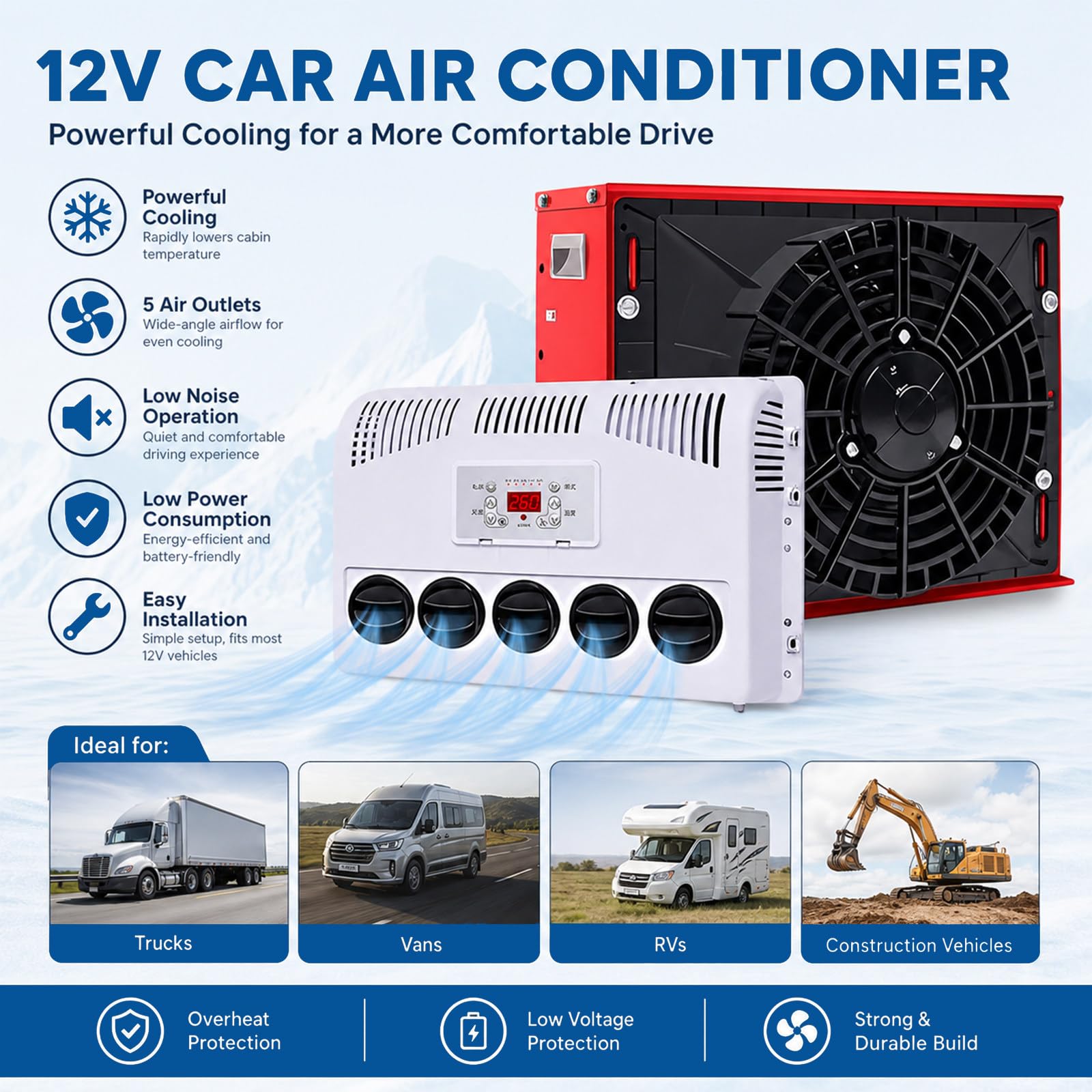12v/24v Universal Elektrische Rv Truck, Dachklimaanlage Wohnwagen, Camper Van Klimaanlage, AußEngeräT Im StahlgehäUse, InnengeräT, Fernbedienung Red-24V