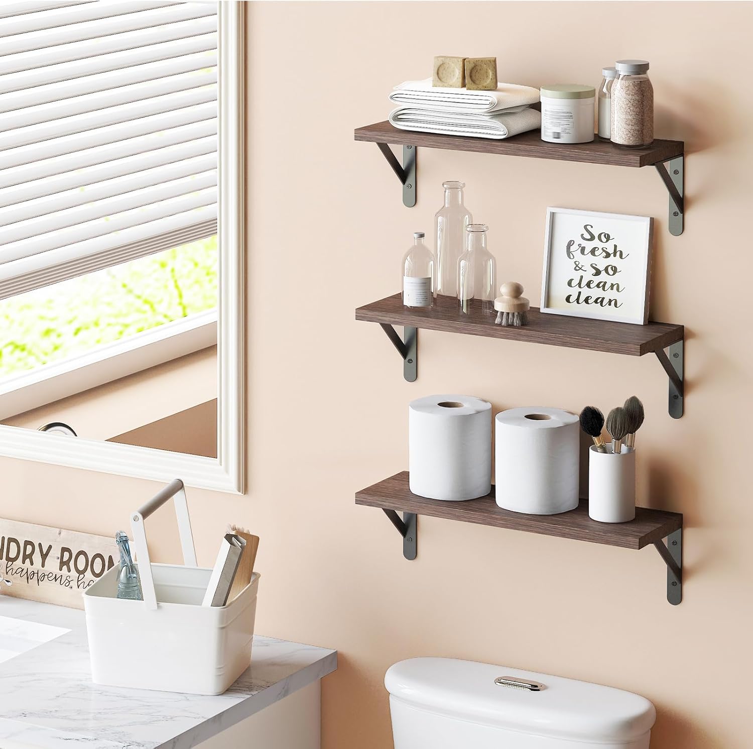 YGEOMER Brown Floating Shelves for Wall, 16.5 Inch Farmhouse Wall Shelves for Bedroom, Bathroom Storage, Living Room and Kitchen Decor (Set of 6 Brown)