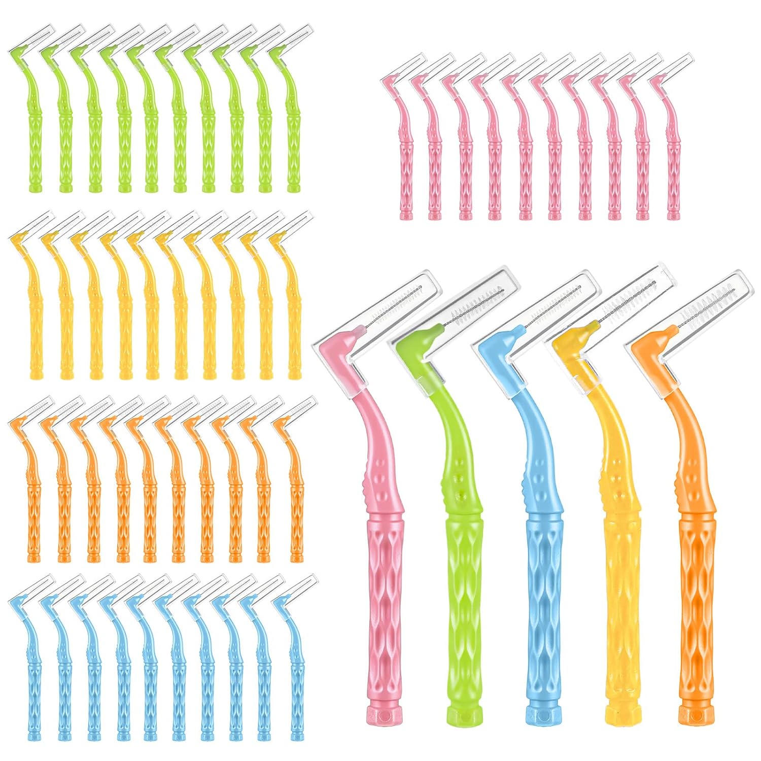 50 Pcs L-Shaped Interdental Brushes 5 Sizes Braces Brush Set Interproximal Dental Brush Proxy Brushes Dental Angled Interdental