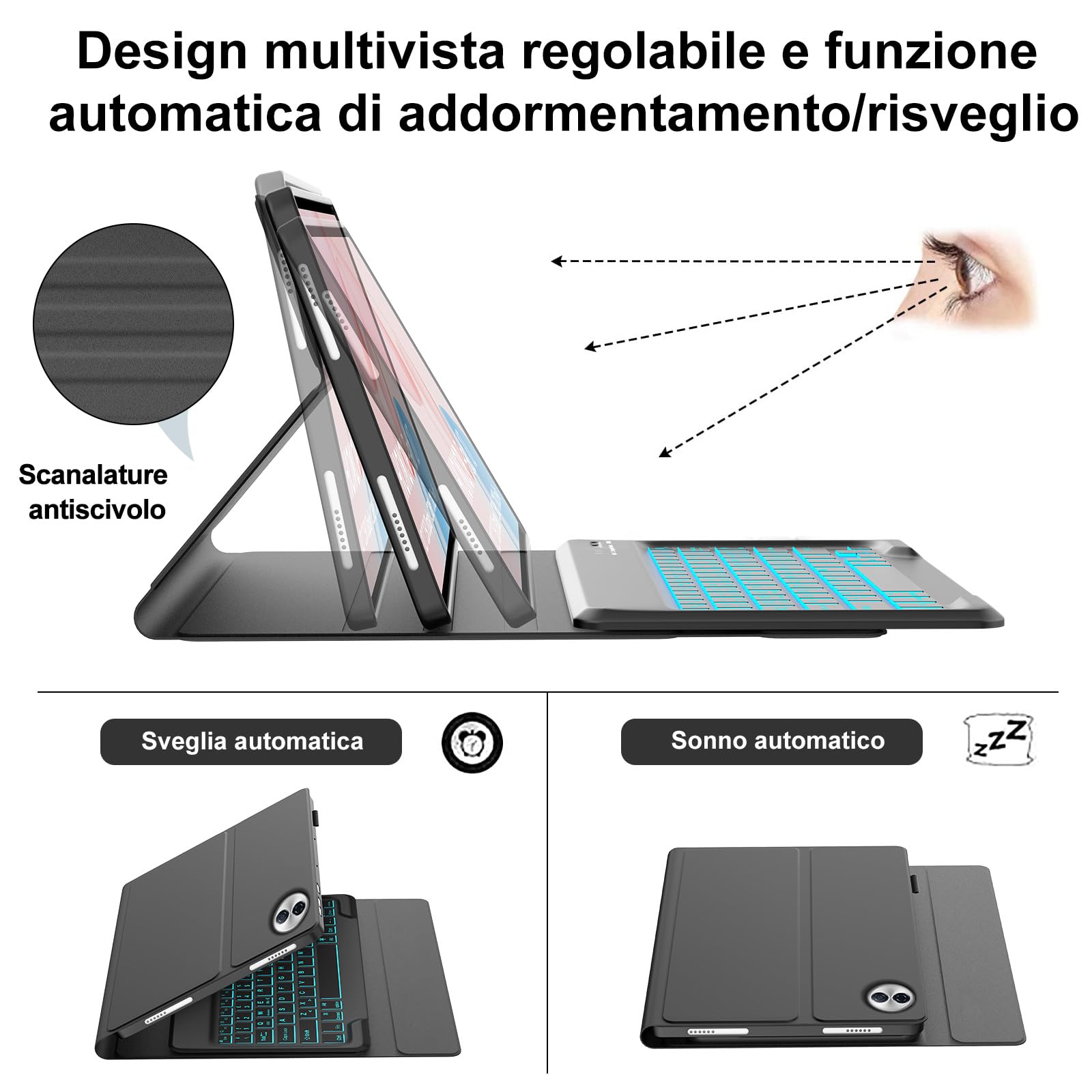 IVEOPPE Tastiera per HONOR Pad 10 12.1 Pollici 2025, Cover con Tastiera Rimovibile, Keyboard Italiano QWERTY 7 Colori Illuminato, Custodia con Portapenna, Nero