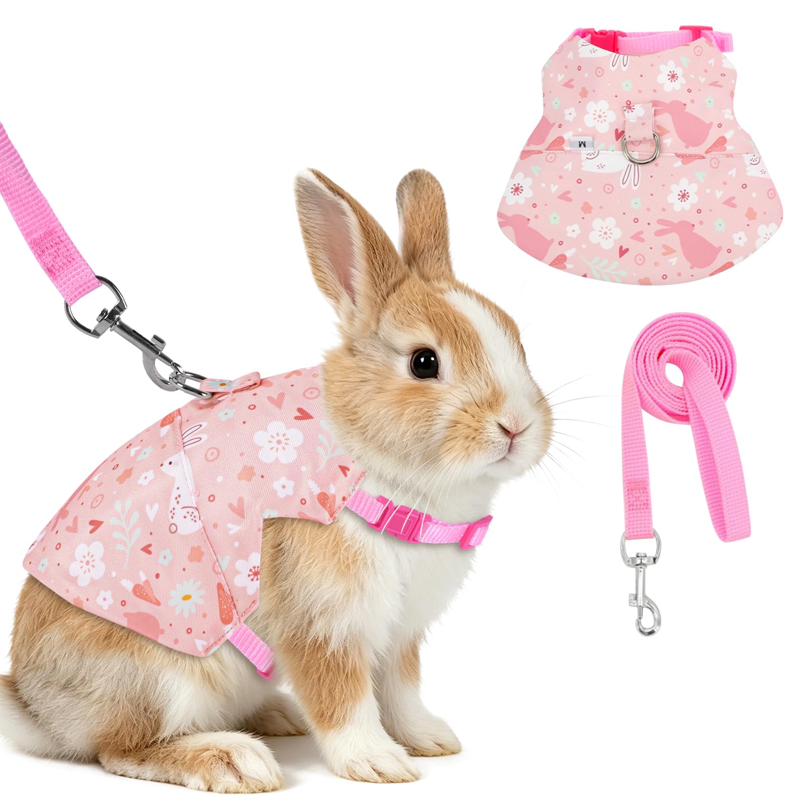 Yanmucy Bunny Harness and Leash Set Adjustable Escape Proof Rabbit Harness Double Buckle Bunny Accessories for Small Animal Pets Walking Training (Light Pink Rabbit, L -Chest(11.8-16.5in))