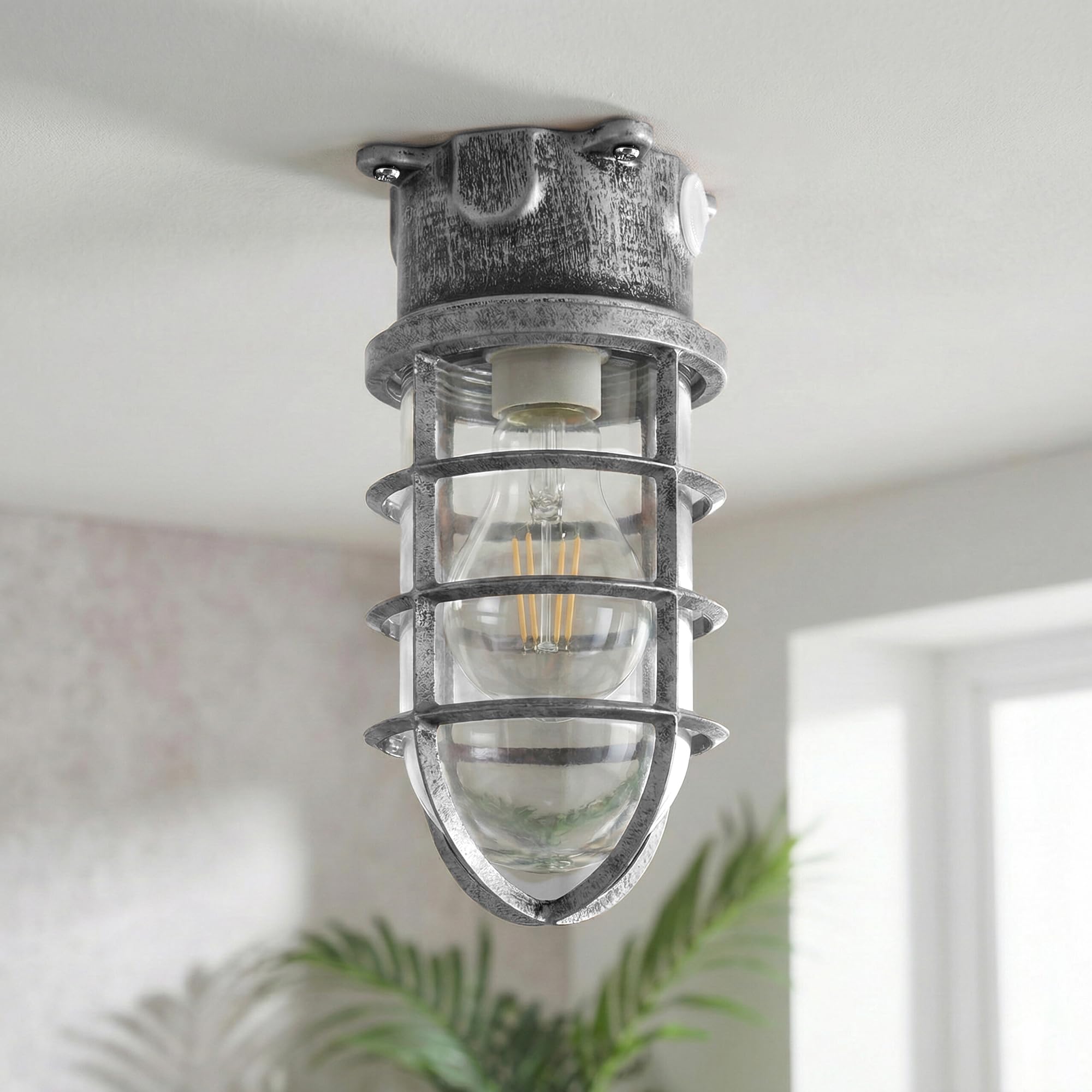DC VOLTAGE Wall Light Bulkhead Metal Marine Glass Nautical Light Cage Outdoor Garden Porch Security LED Compatible Wall Light (Brushed Silver)