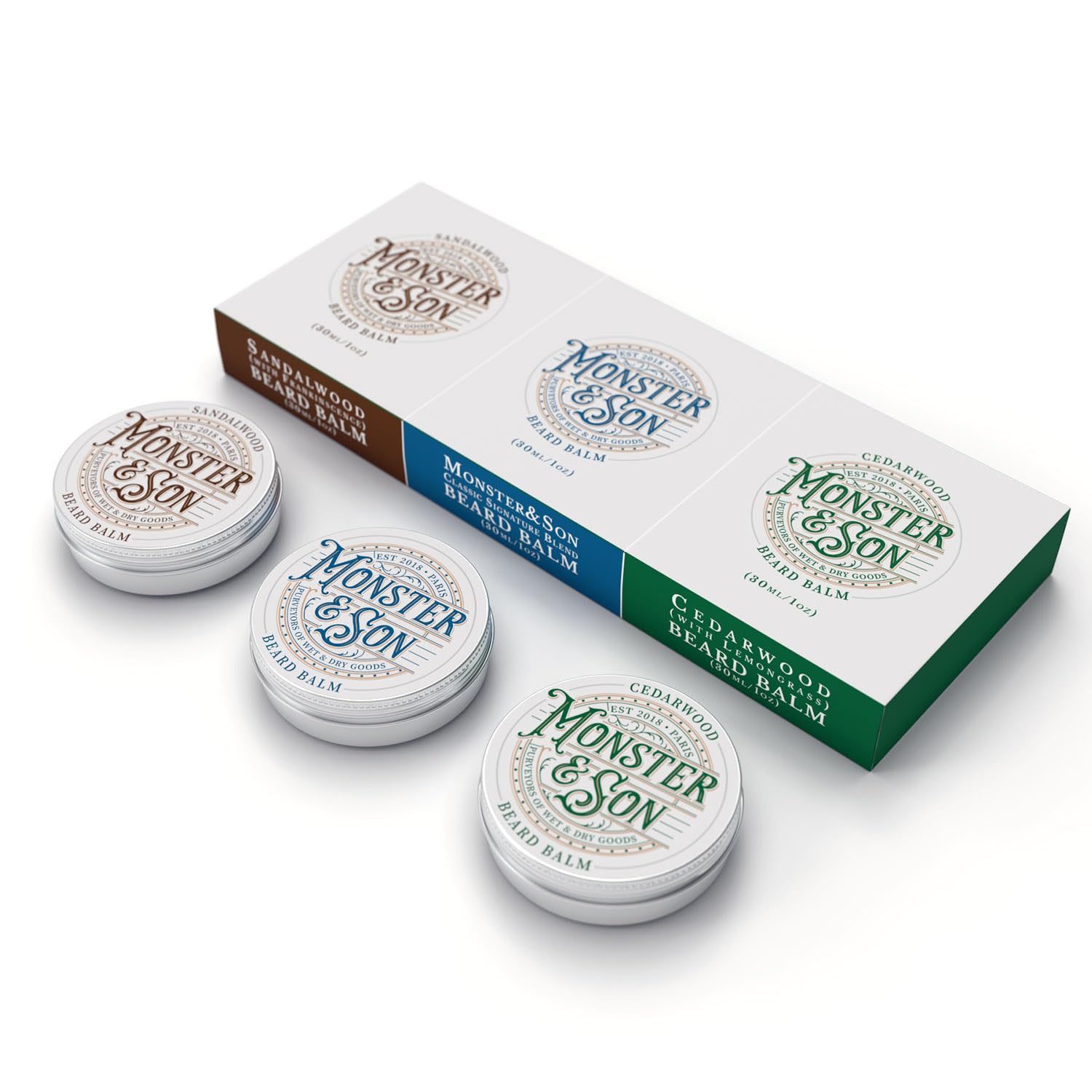 Monster&Son Organic Beard Balm Variety Pack x3 - Helps to Hydrate, Style and Promote New Hair Growth - Rich in Vitamins & Minerals - Jojoba Oil, Shea Butter, Coconut Oil - Ideal Gift for Bearded Men