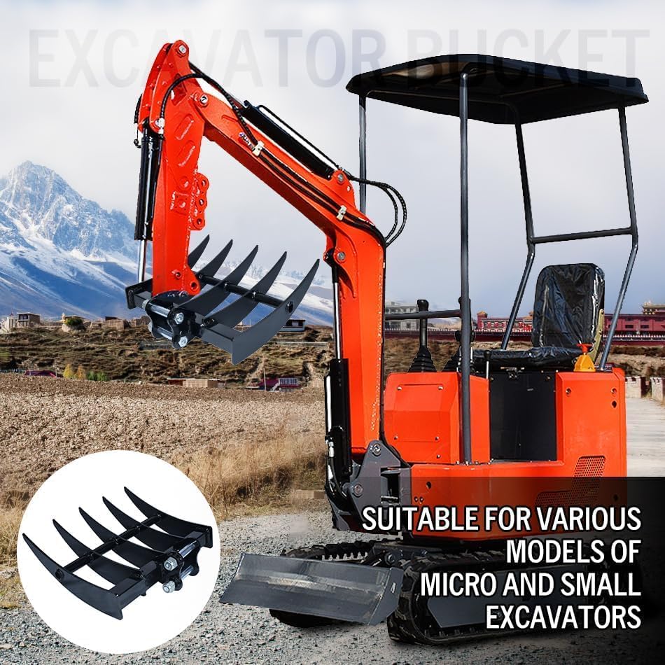 Mini Excavator Rake, Small Excavator Loosening Attachment for 1T-3.5T Mini Excavators with Quickly Clears Debris and Weeds，Span: 3.54in, Hole Diameter：0.98in, Center Distance：3.35in (Black)