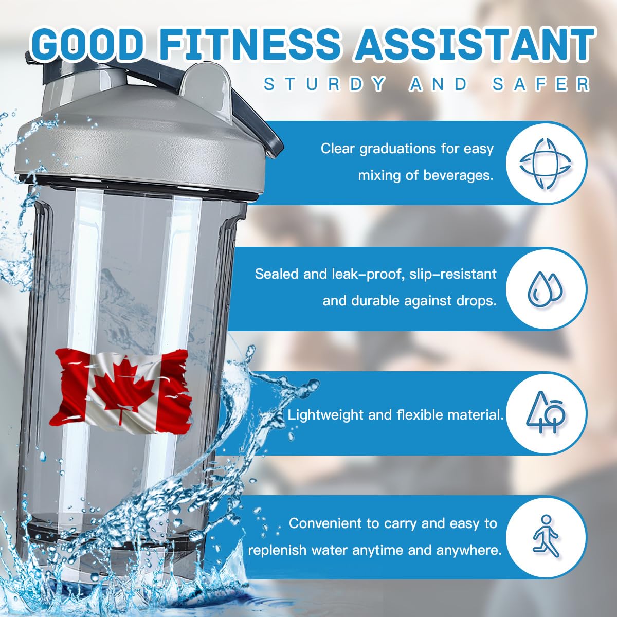 Vintage Torn Broken Canada Canadian Flag 18 Ounce Shaker Bottle Drink Mixer Leak-proof Pre Workout Protein Shakes Meal Replacement Shakes Bottles 500ML/18 Oz Gray