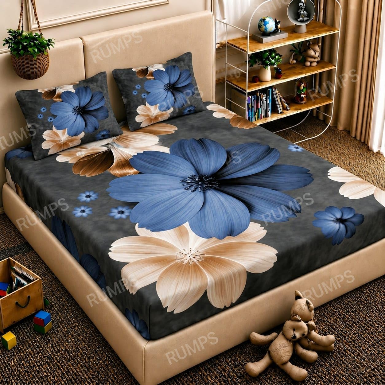 RUMPS 3D Digital Printed Double Bedsheet Flat | Premium Knitted Cotton MicroFabric 90x100 Inch Bed Sheet with 2 Pillow Covers, Cute Cartoon Blue Bird (7D Digital 07)