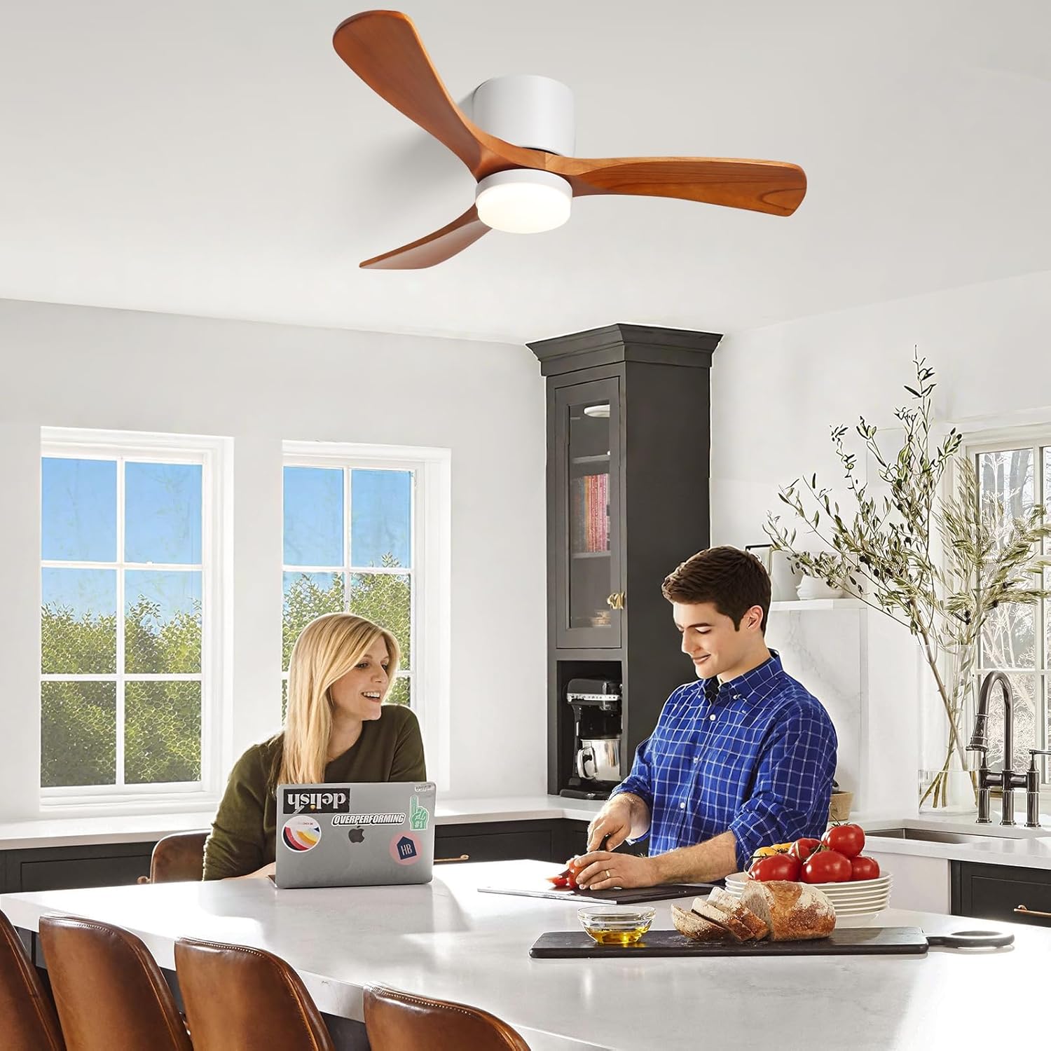 GESUM 42" Flush Mount Ceiling Fan with Lights3 Wood Blades, Reversible,Dimmable, Low Profile Ceiling Fan with Remote Control for Living Room Kitchen Bedroom(White+Wood)